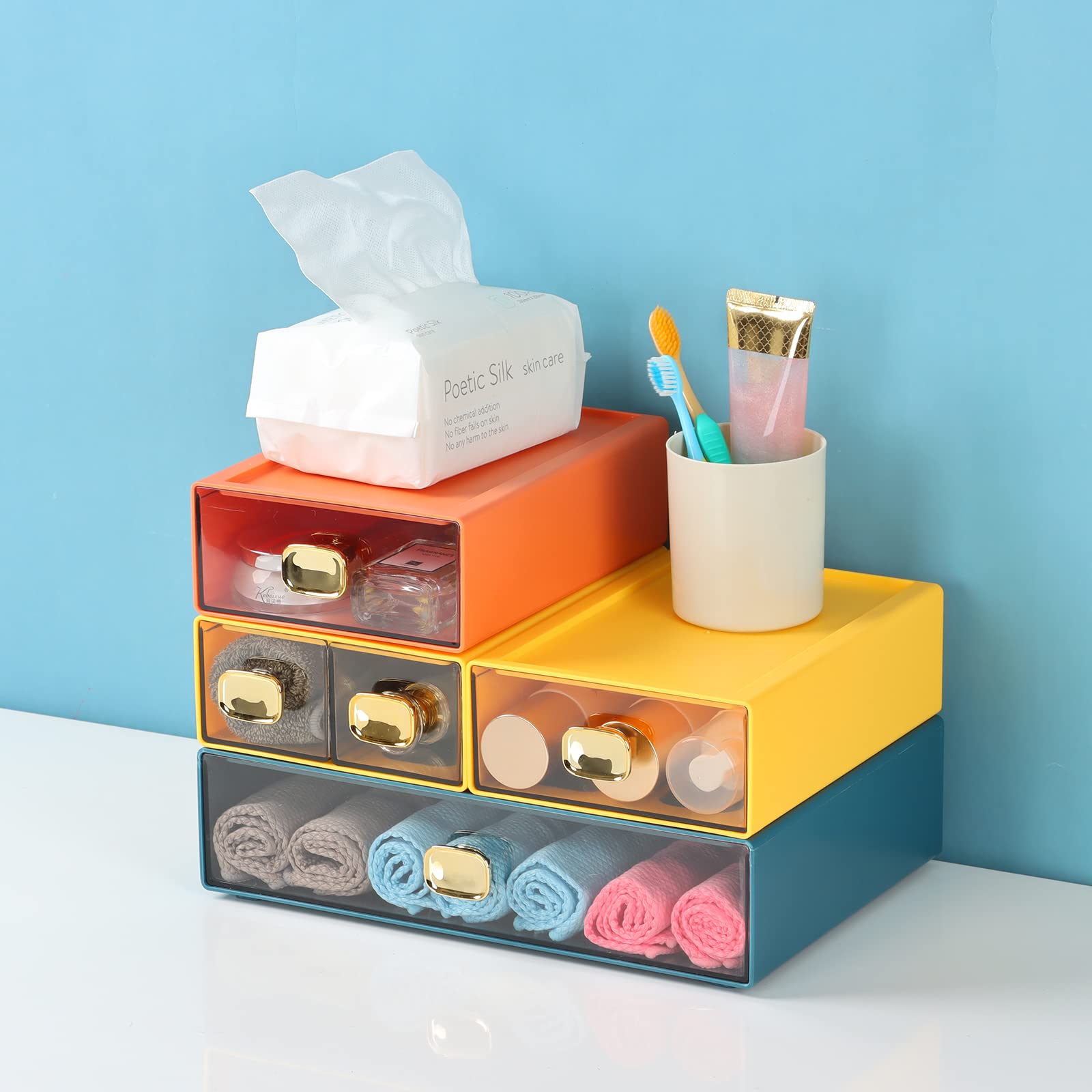 Spacious Desktop Storage Box with 2 Large Drawers - Stackable Office Desk Organizer for Printer Paper & Accessories - Blue & Cyan Plastic Drawers for Workspace & Home Organization | Perfect for Office Supplies, Craft Storage & Home Office Setup