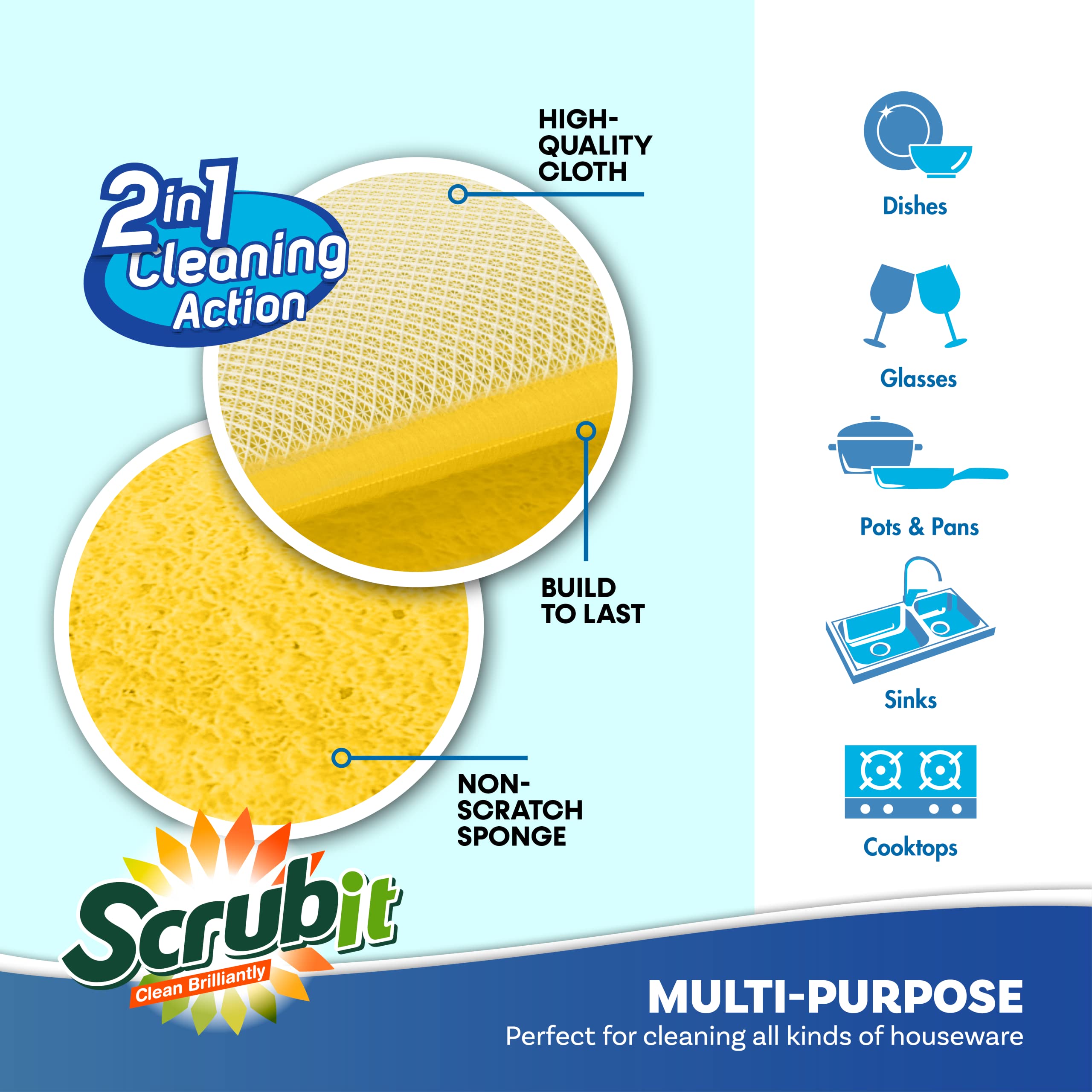 SCRUBIT Dual-Sided Scrub Sponge [10 Pack] - Reusable Kitchen Cleaning Pads for Dishes & Cookware - Perfect for Pots, Pans & Non-Stick Surfaces