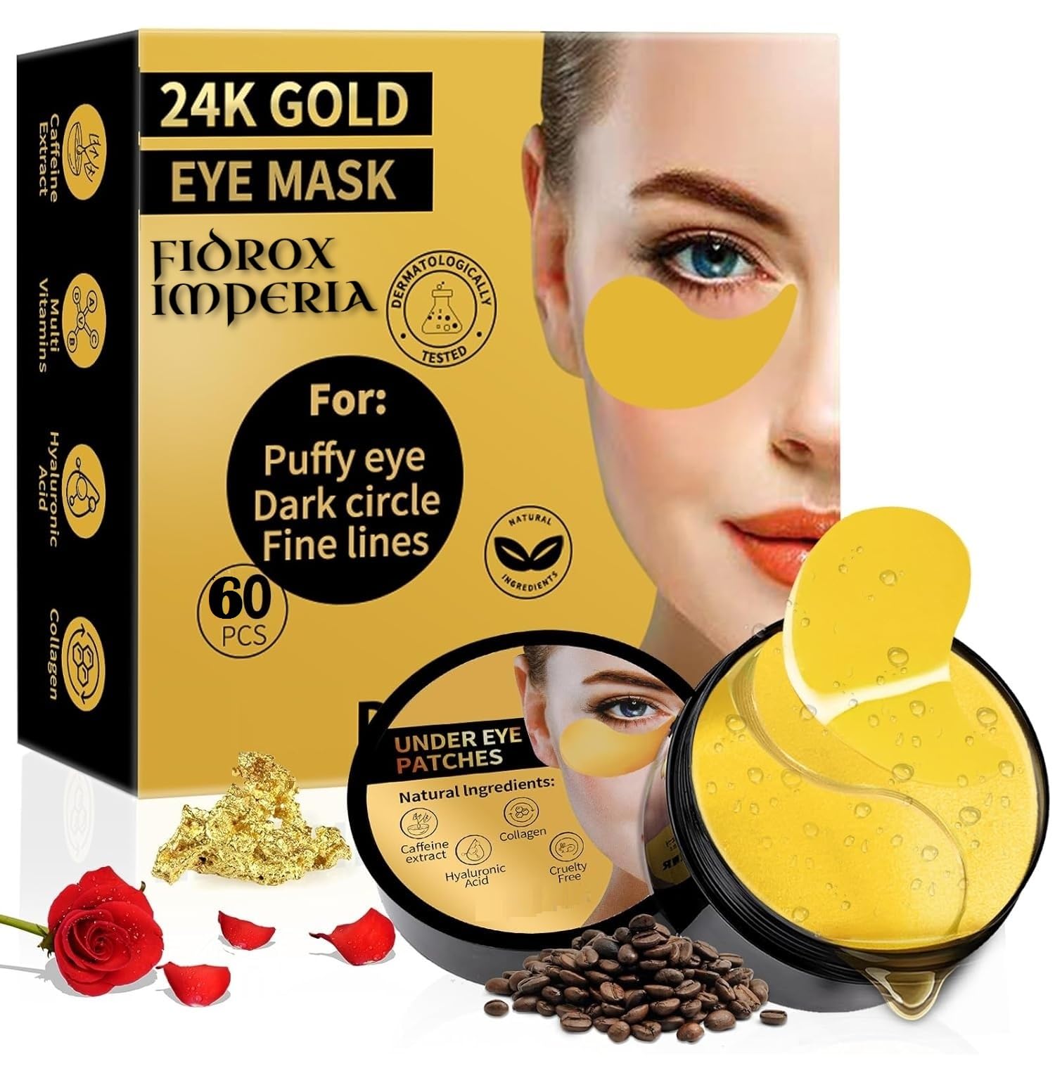 Fidrox 24K Gold Eye Masks for Dark Circles & Puffiness - 60PCS Under Eye Gel Patches with Collagen, Caffeine & Peptides - Reduce Eye Bags, Wrinkles & Puffy Eyes - Perfect for Night Skincare, Spa Days & Travel Essentials