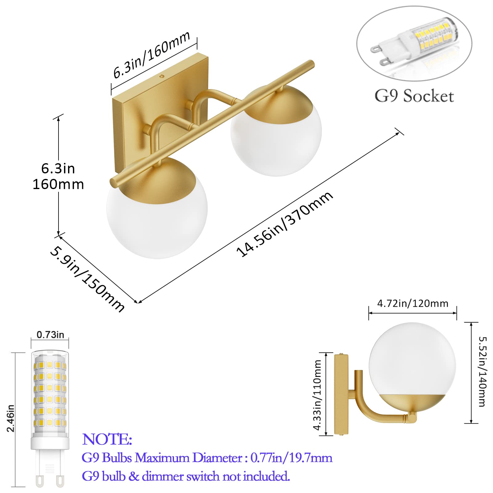 Ralbay Gold 2-Light Mid Century Modern Bathroom Vanity Light Fixture with Milky Glass Globes - Elegant Wall Sconce for Bathroom, Powder Room, and Dressing Area Lighting