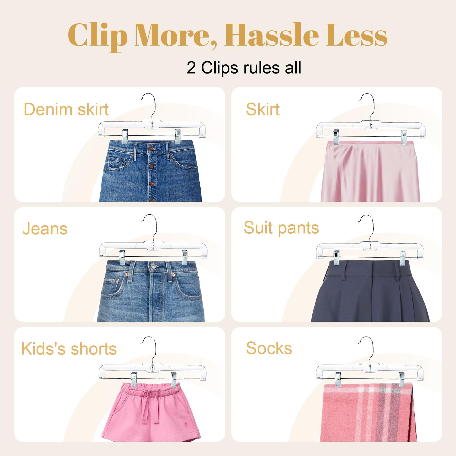 100 Pack Clear Plastic Skirt Hangers with 2 Adjustable Non-Slip Clips - Perfect for Pants, Skirts, Shorts - Ideal for Closet Organization & Retail Display