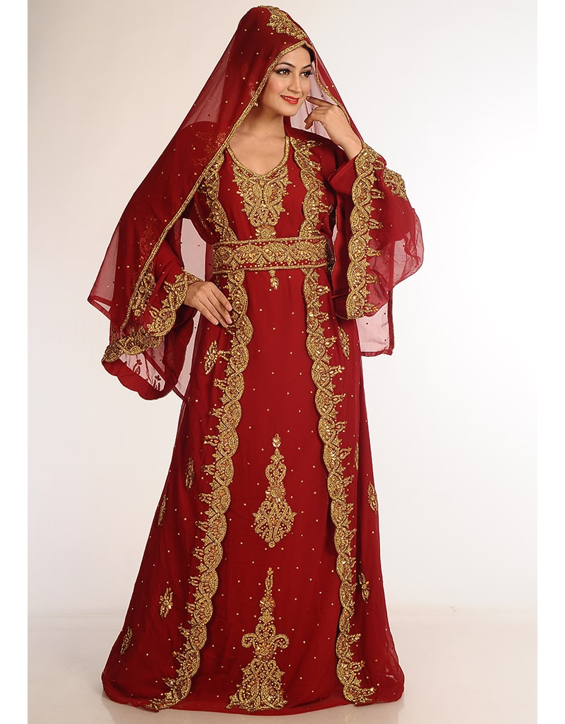 Elegant Arabic Maroon Georgette Kaftan with Hand Zari Embroidery - Perfect for Weddings, Parties & Special Occasions