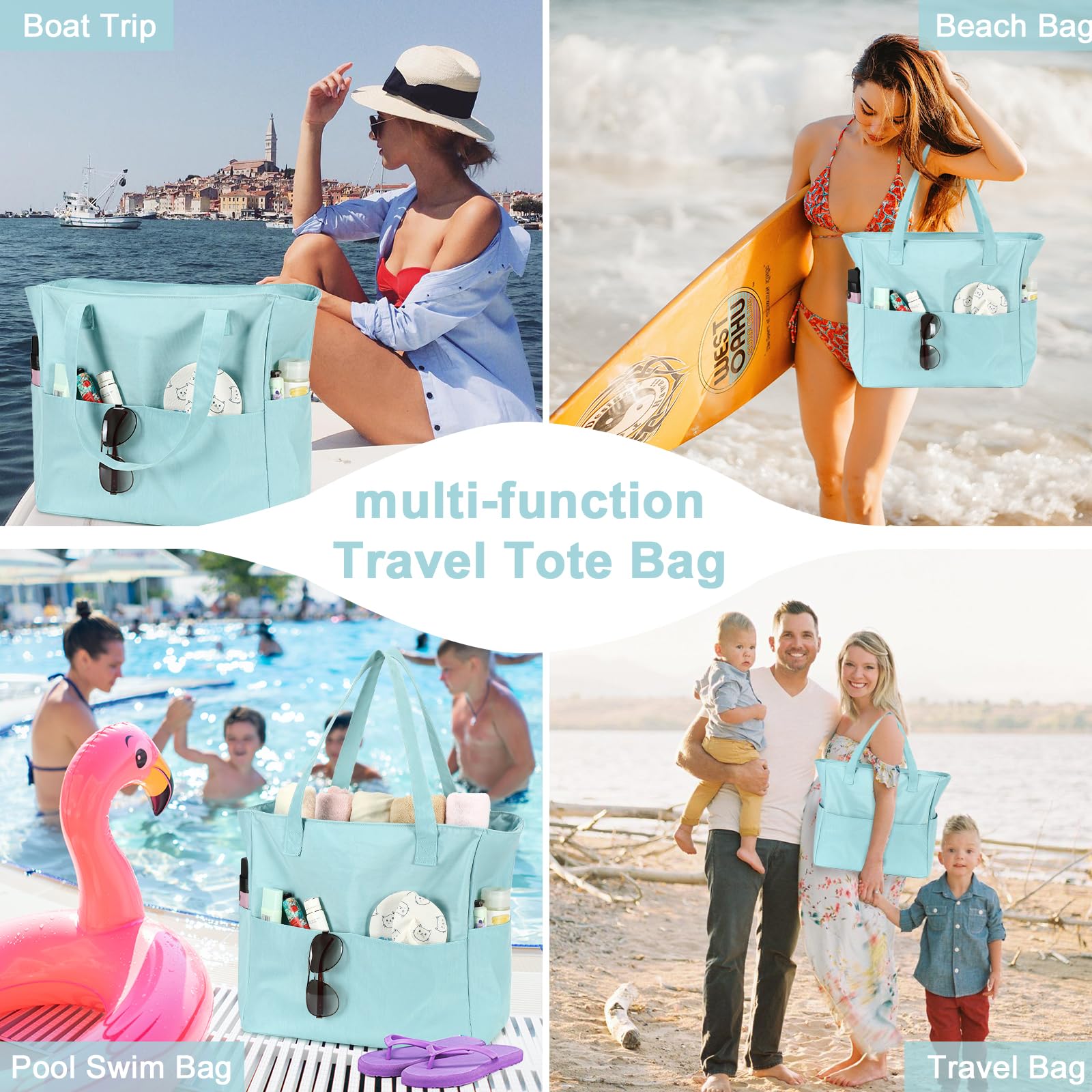 Waterproof & Sandproof Beach Tote Bag for Women - Large Zippered Pool Bag with Wet Pocket - Perfect for Gym, Grocery Shopping, Travel & Beach Days