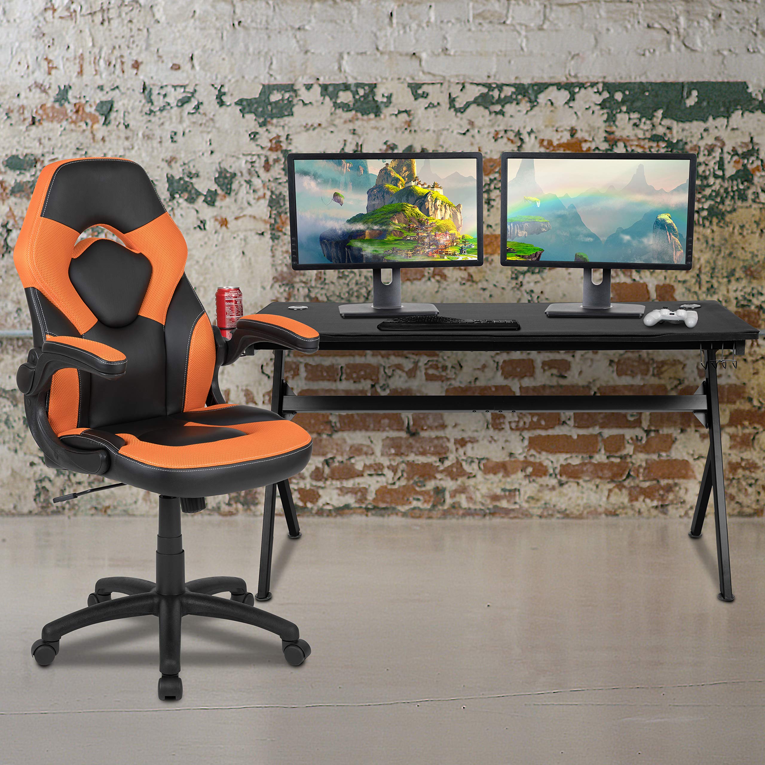 Flash Furniture Gaming Desk & Orange/Black Racing Chair Set with Cup Holder, Headphone Hook & Removable Mouse Pad - 2 Cable Management Holes for PC Gaming Setup, Home Office & Esports Tournaments