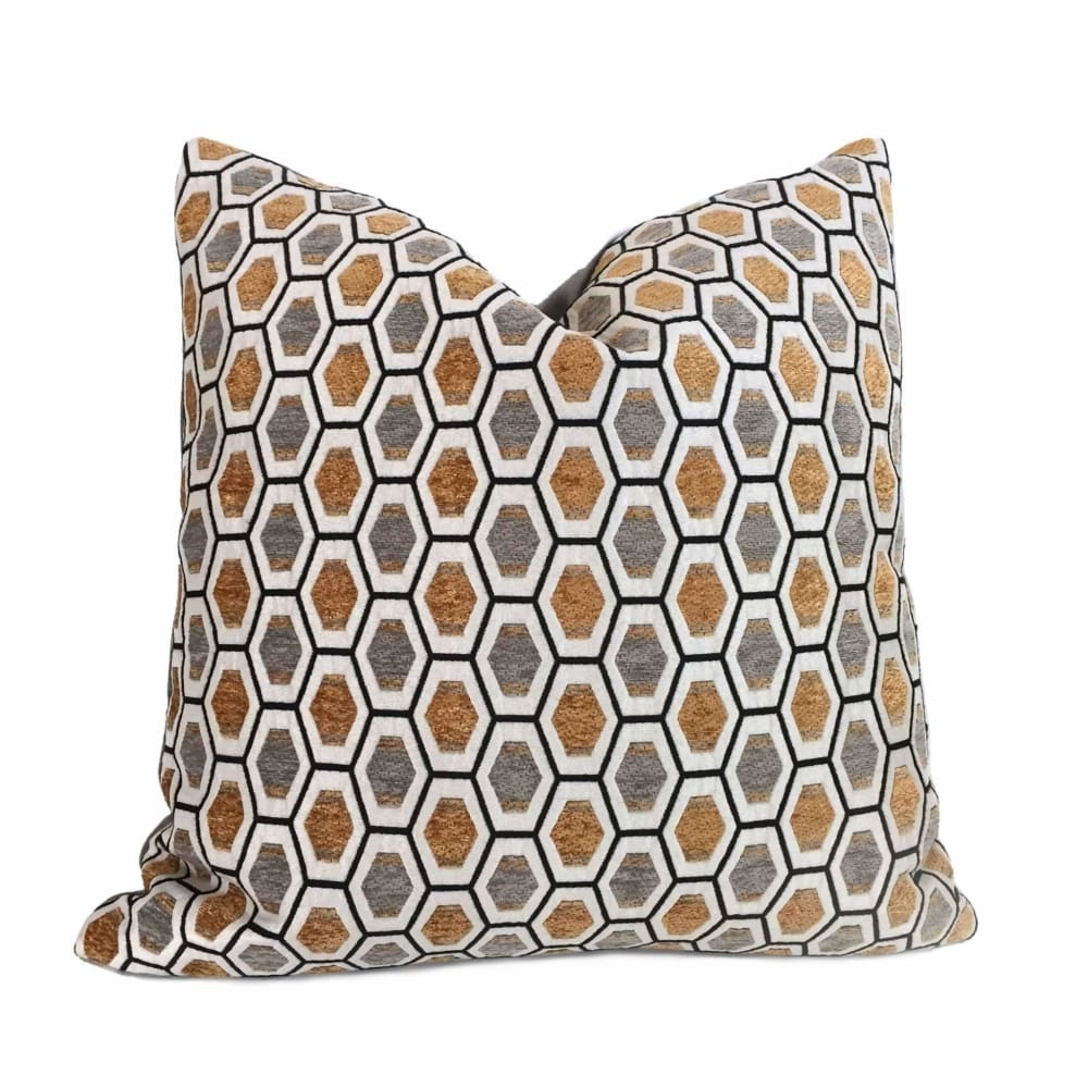 Geometric Honeycomb Chenille Velvet Pillow Cover - Gray, Off White, Orange & Gold | Stylish Home Decor for Living Room, Bedroom & Sofa