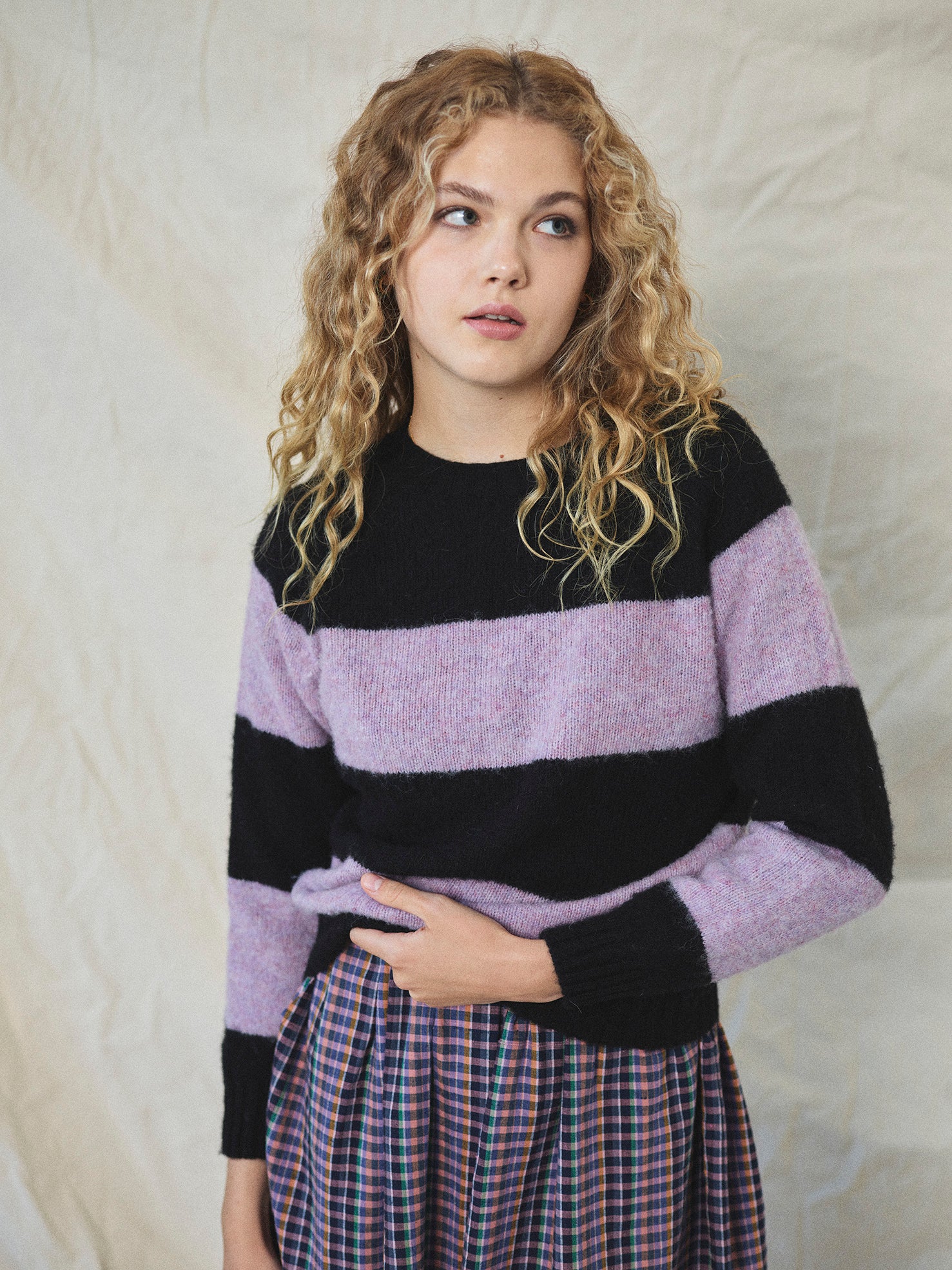 Lowie Black and Lilac Striped Scottish Wool Jumper - Cozy Knit Sweater for Women, Perfect for Winter Fashion and Casual Outfits