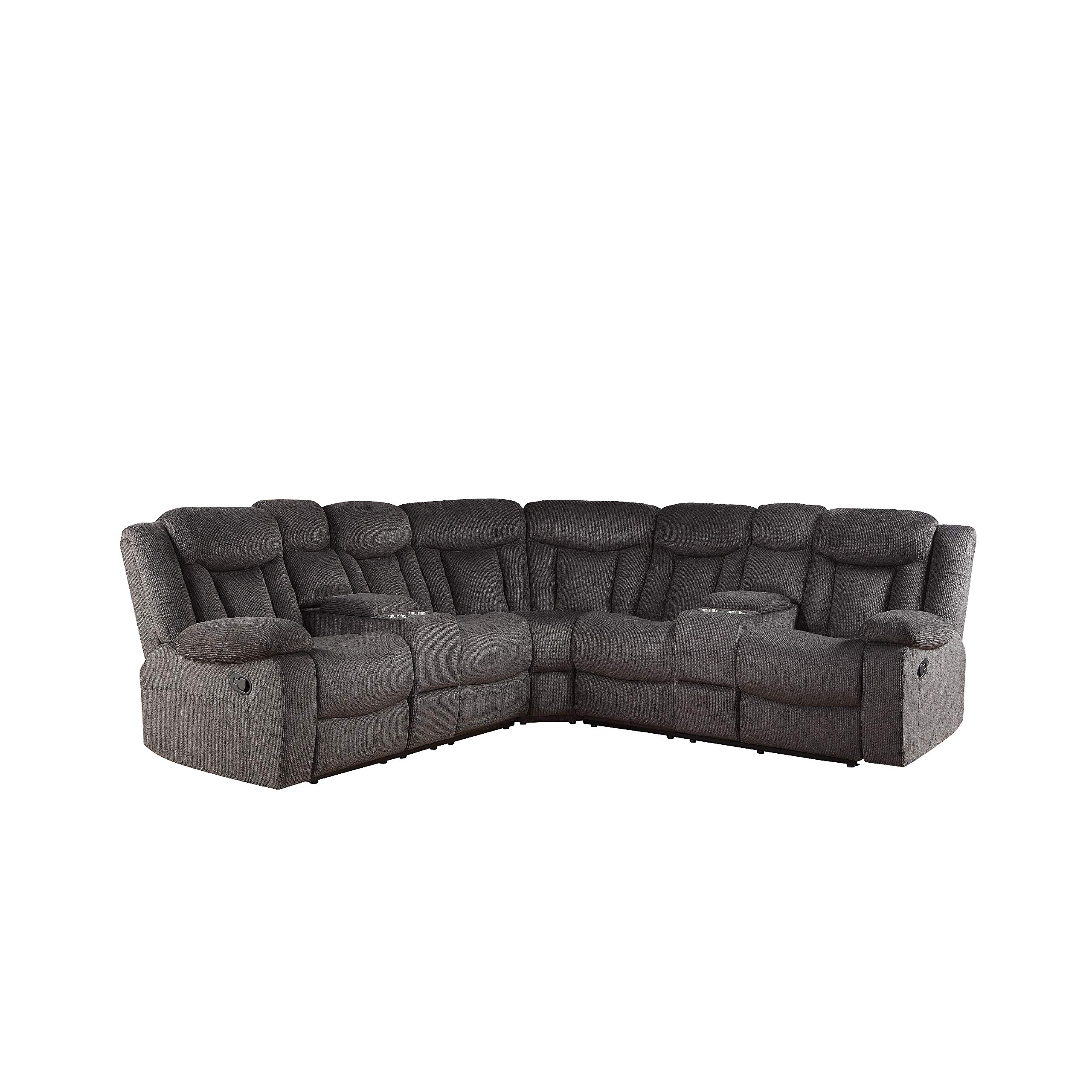 Benjara L-Shaped Reclining Sectional Sofa with 2 Consoles & Cup Holders - Brown Leather Living Room Furniture for Family Movie Nights & Home Theater Comfort