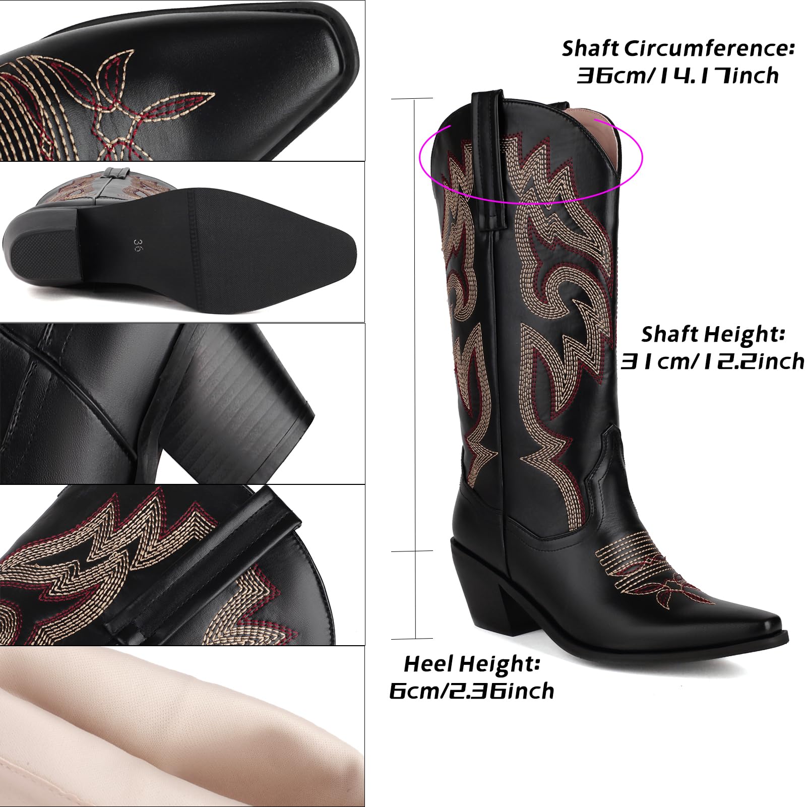 Embroidered Mid Calf Cowboy Boots for Women - Snip Toe Pull On Western Cowgirl Boots by Wavyvigs | Perfect for Country Dancing, Rodeos & Western Fashion