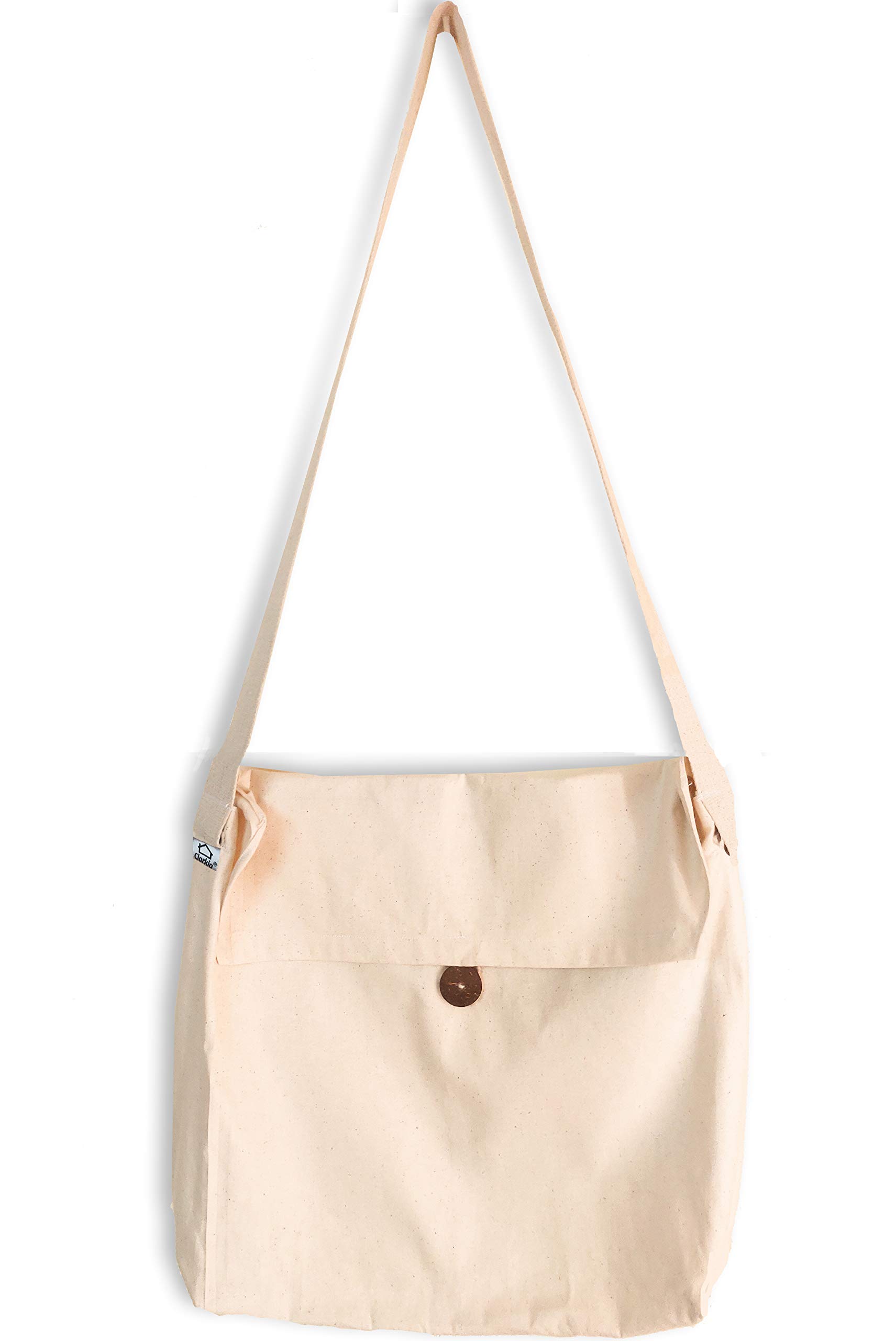 Eco-Friendly Cotton Shopper Tote Bag with Coconut Shell Button - Unisex Reusable Grocery Bag, Crossbody Sling Bag for Shopping, Beach, Travel & Daily Use (White)