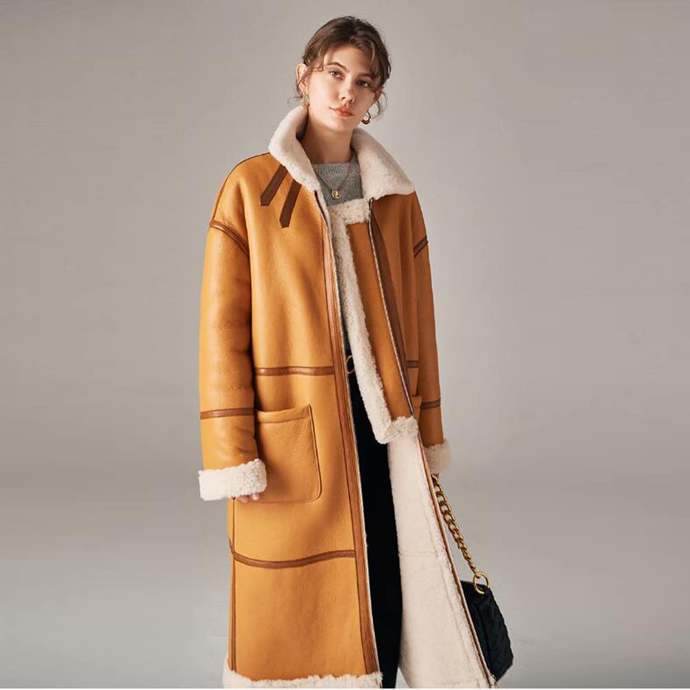 Denny & Dora Women's Shearling Bomber Jacket - Long Style Leather Overcoat with Faux Fur Lining | Winter Warm Coat for Women in Khaki | Perfect for Cold Weather, Outdoor Activities & Fashion Layering