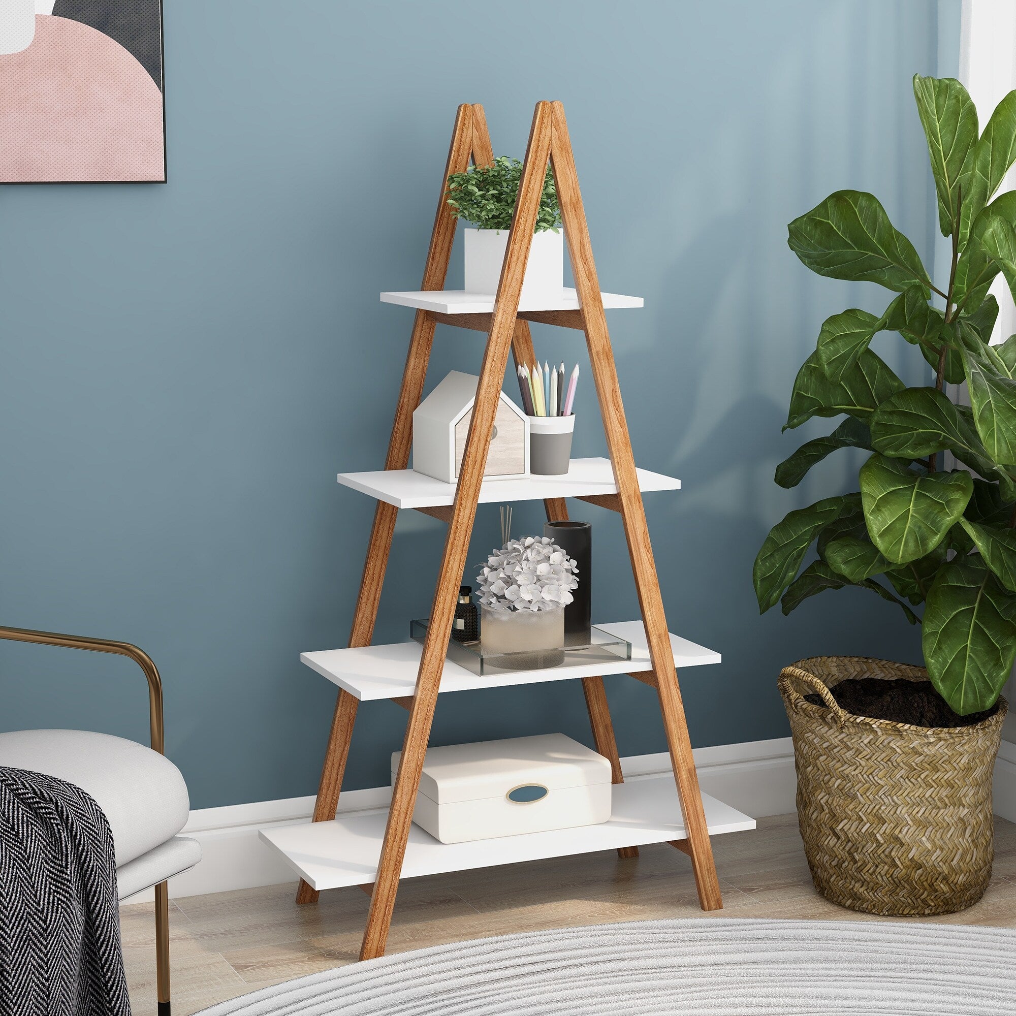 A-Frame Ladder Display Bookshelf - Rustic Wooden Shelf for Home Decor, Books & Plants - Perfect for Living Room, Bedroom & Office Storage