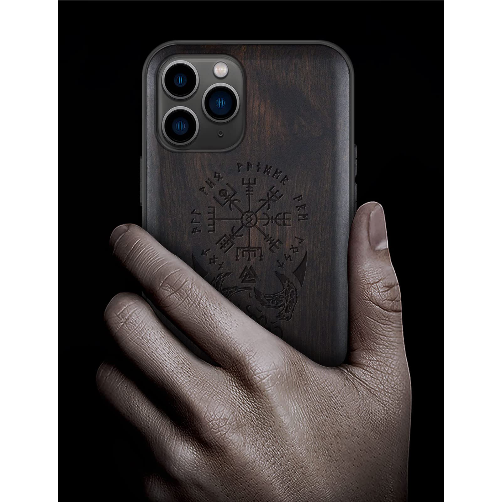 Carveit Real Wood iPhone 11 Pro Case - Hard Wood & Soft TPU Shockproof Protective Cover - Viking Compass Vegvisir Design (Blackwood) - Durable & Stylish Wooden Phone Cover for Everyday Use & Outdoor Activities