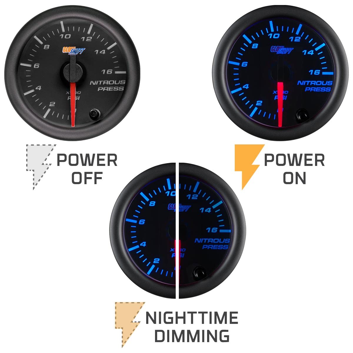 GlowShift Black 7-Color 1,600 PSI Nitrous NOS Pressure Gauge Kit with Electronic Sensor - 2-1/16
