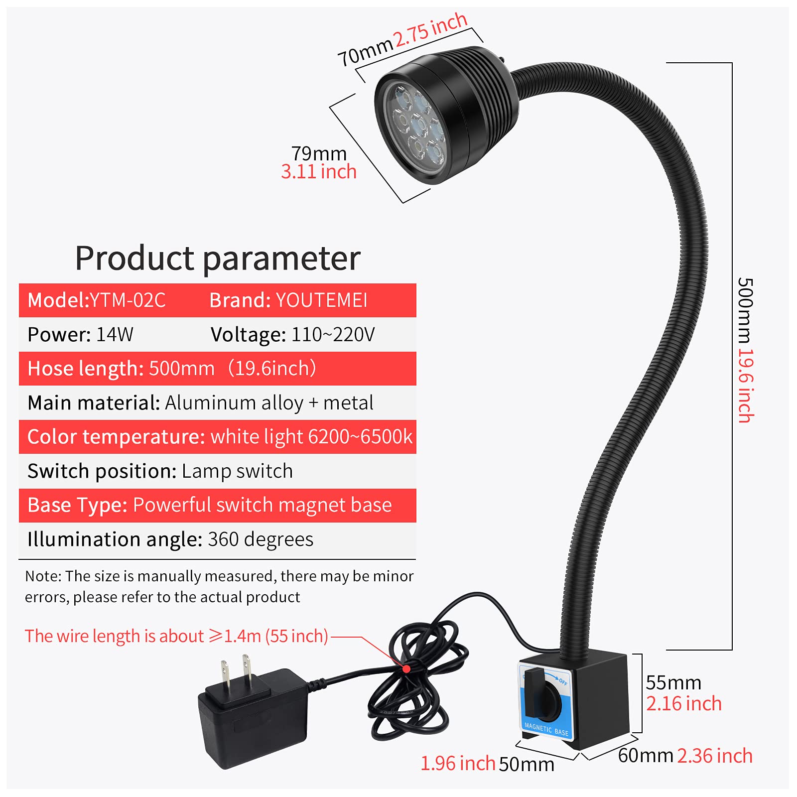 14W Magnetic Work Light - IP65 Waterproof, 1400 Lumens Flexible LED Lamp for Drill Press, Lathe & Milling | Perfect for Garage, Workshop & DIY Projects
