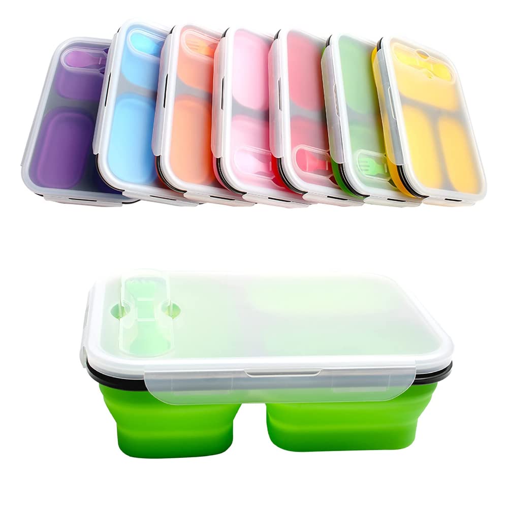 Eco-Friendly Silicone Folding 3-Compartment Lunch Box | Microwave, Dishwasher & Freezer Safe | Bento Box for Office, School & Travel | Leak-Proof Portable Food Container (Green) - Perfect for Meal Prep, Picnics & On-the-Go Dining