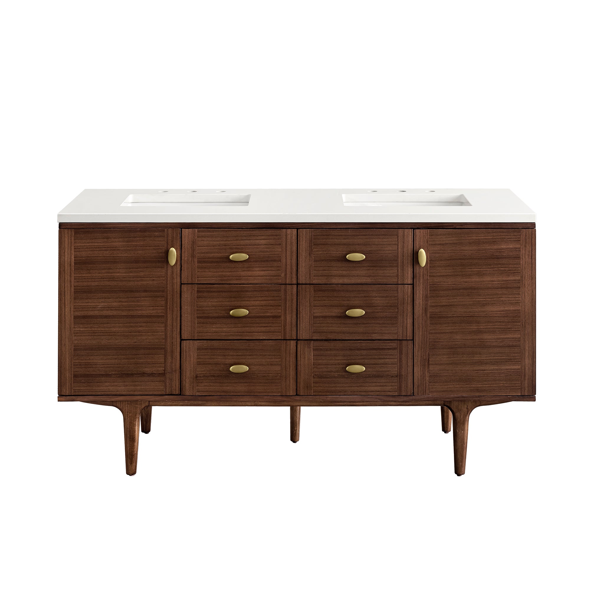 Amberly 60 Inch Double Bathroom Vanity with Mid-Century Modern Walnut Finish & 3CM White Zeus Quartz Top - Perfect for Master Bathroom Renovation and Modern Home Decor
