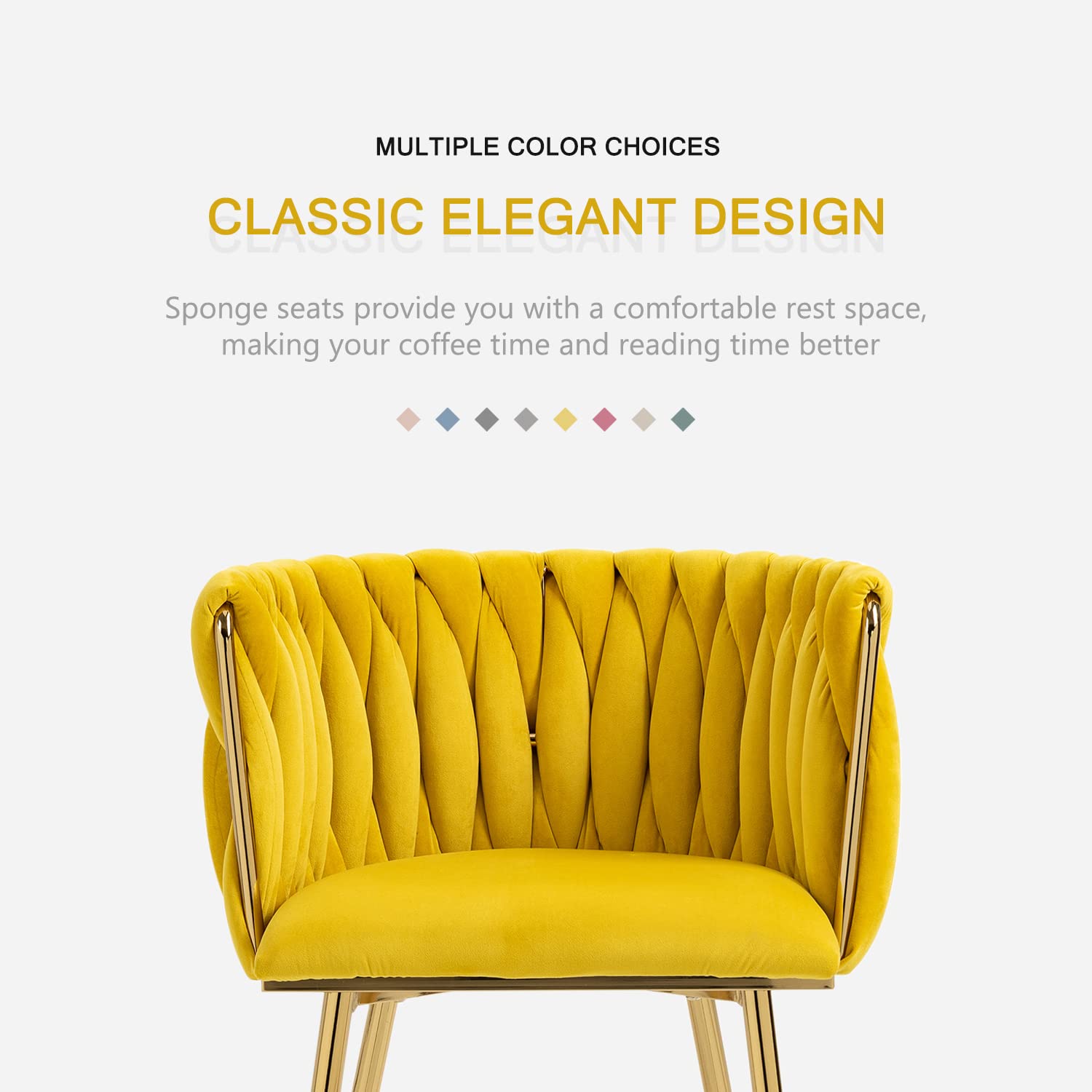Nrizc Set of 2 Modern Velvet Upholstered Dining Chairs with Gold Metal Legs - Woven Accent Chairs for Living Room, Kitchen & Dining Room - Comfortable & Stylish Seating for Home Decor (Yellow) - Perfect for Dinner Parties, Family Gatherings & Cozy Breakfast Nooks