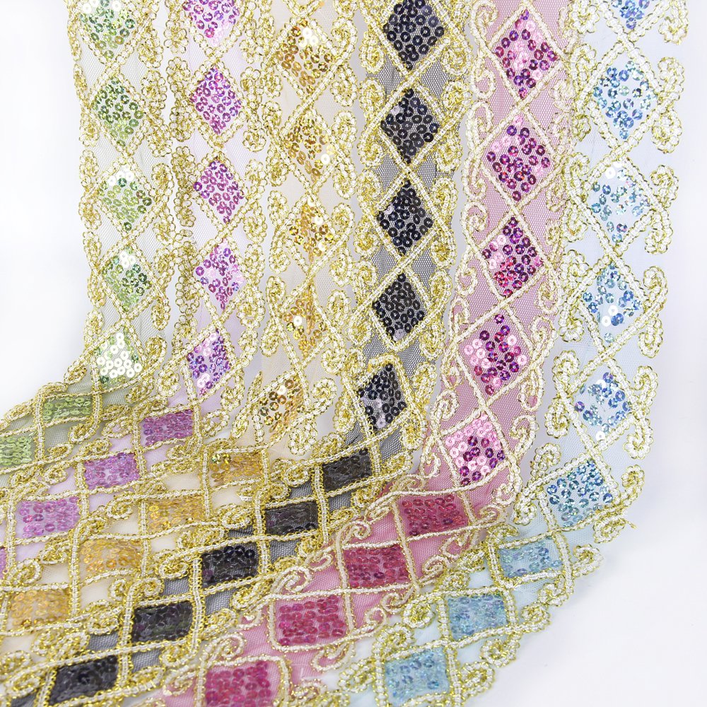 Sequins Lace Mesh Trim Ribbon - Gold Decorative Applique for Sewing Crafts, DIY Clothing, Curtains, Table Runners, Wedding Decor & Home Decoration - 10 Yards