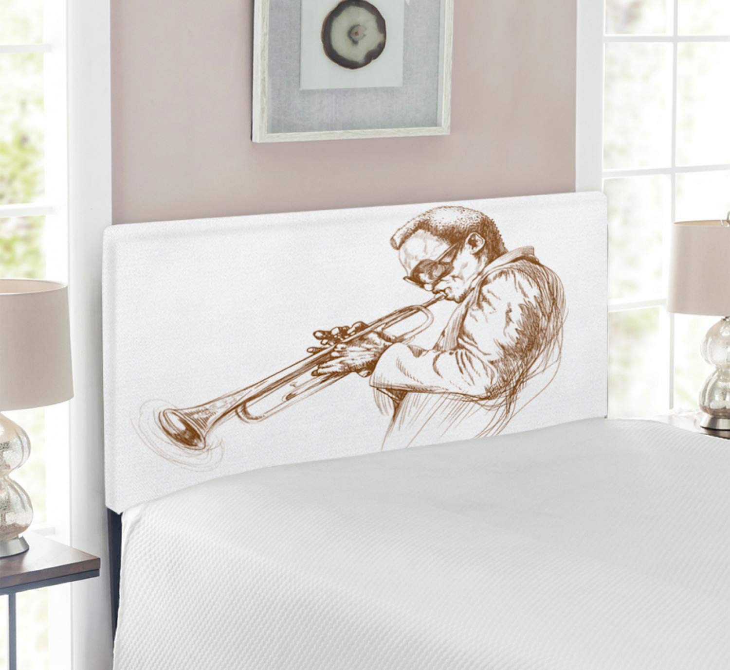 Ambesonne Jazz Musician Headboard - Twin Size Upholstered Metal Bed Frame with Memory Foam | Jazz Trumpet Player Sketch Art Print in Green, Brown & White | Perfect for Music Lovers' Bedroom Decor & Jazz-Themed Interior Design