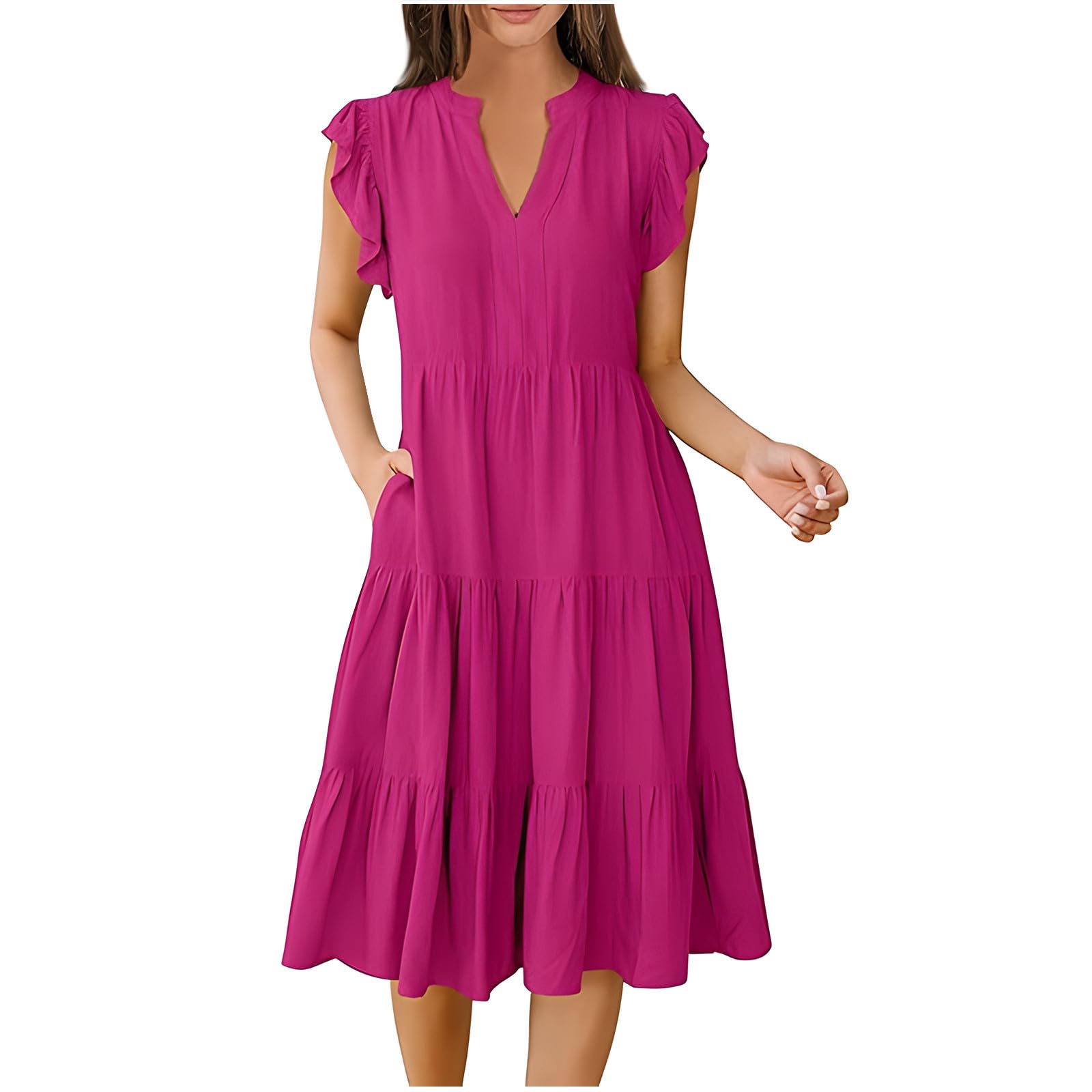 Yardsong Women's Summer Dresses 2025 - Ruffle Sleeve V-Neck Midi Sundress, Casual Loose Flowy Tiered Boho Dress for Beach Vacation, Party & Outdoor Date Night