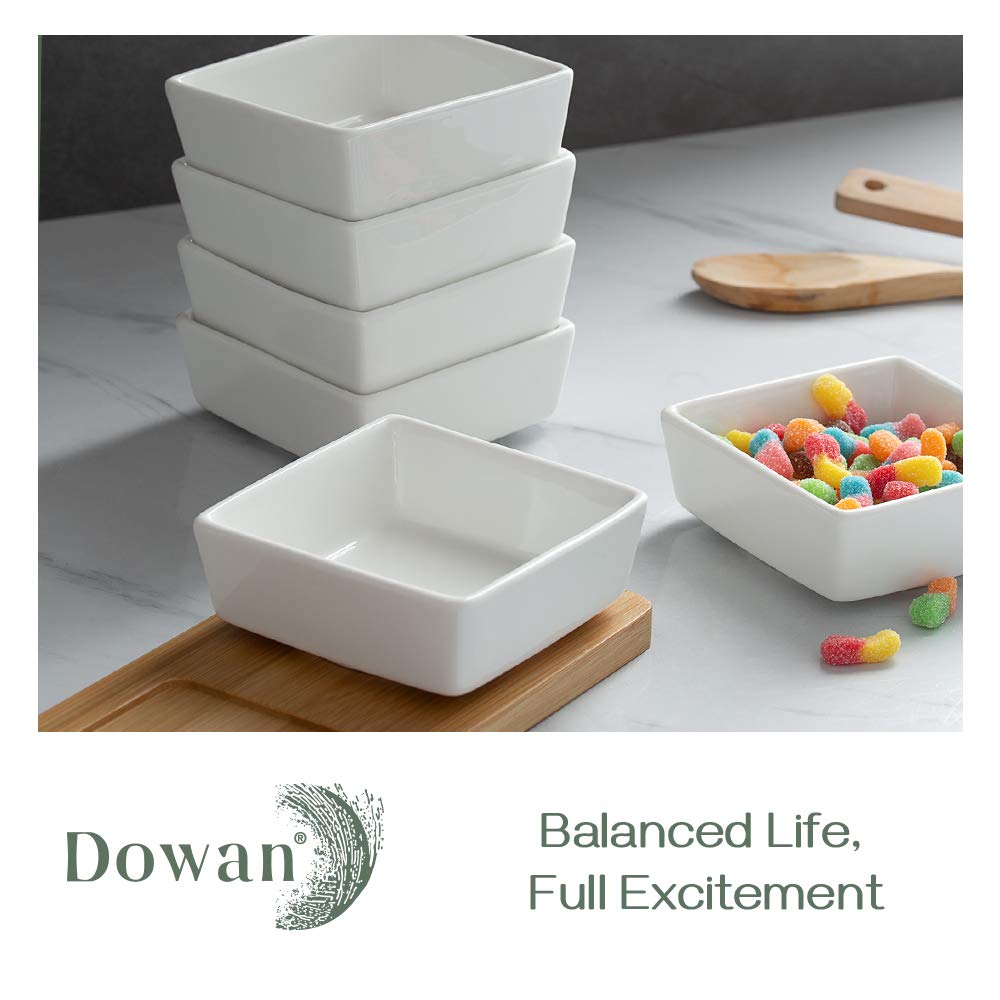 DOWAN 6 oz Square Porcelain Ramekins - Oven Safe Baking Dishes for Creme Brulee, Souffle, Desserts, Appetizers & Dipping Sauces | Set of 6 White Ramekin Bowls | Perfect for Home Baking, Restaurant Use & Party Serving