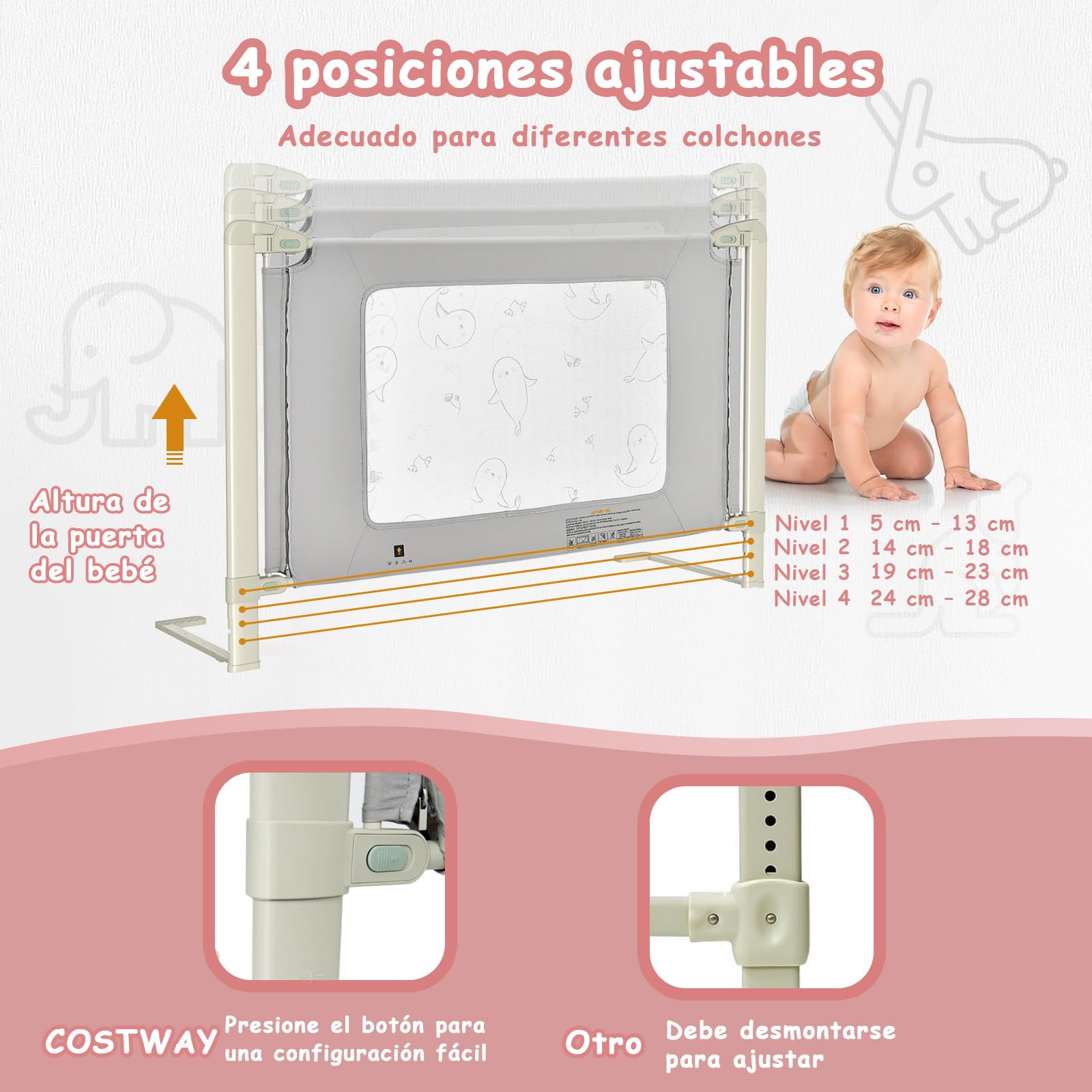 COSTWAY 150/180/200 cm Adjustable Baby Bed Rail, 80-95 cm Height, Universal Bed Guard with Connectors for Twin/Queen/King Size Beds - Perfect for Toddler Safety & Transitioning to Big Kid Beds