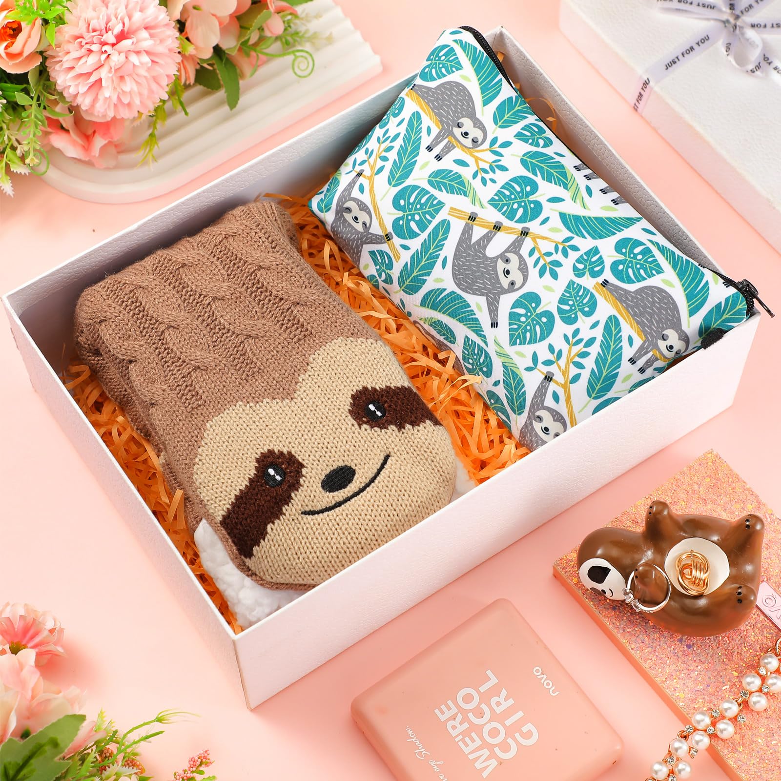 3 Pcs Valentine's Day Sloth Gift Set for Women - Cozy Slippers, Ring Holder & Makeup Bag with Non-Slip Fuzzy Socks | Perfect Birthday Gifts for Mom, Grandma, Teacher & Friends | Ideal for Relaxing at Home, Spa Days & Cozy Nights