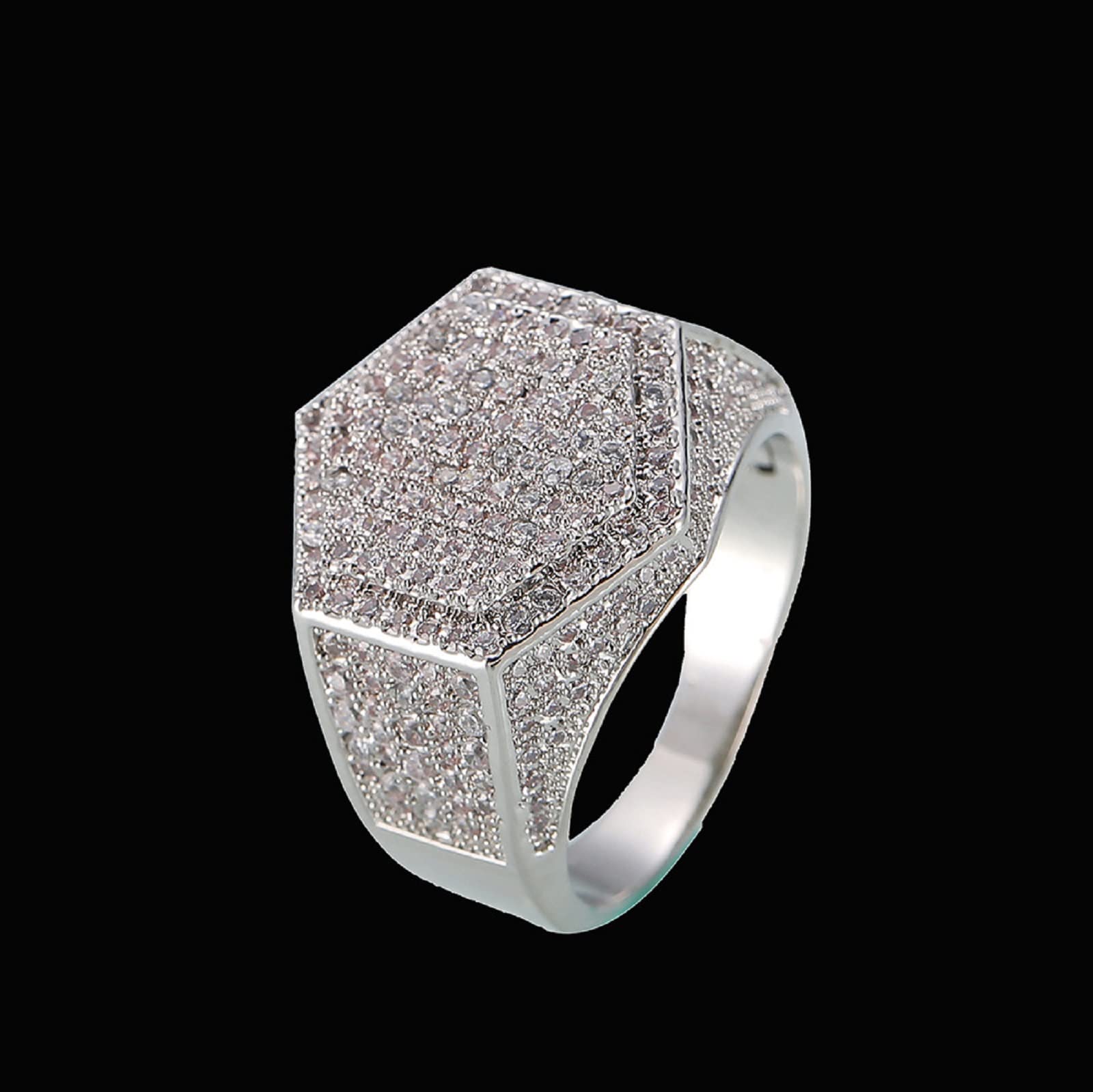 14K Gold Plated Hip Hop Ring for Men & Women - Iced Out CZ Diamond Eternity Band, Hexagon Wedding Engagement Bling Pinky Ring - Perfect for Gifts, Parties & Streetwear Fashion