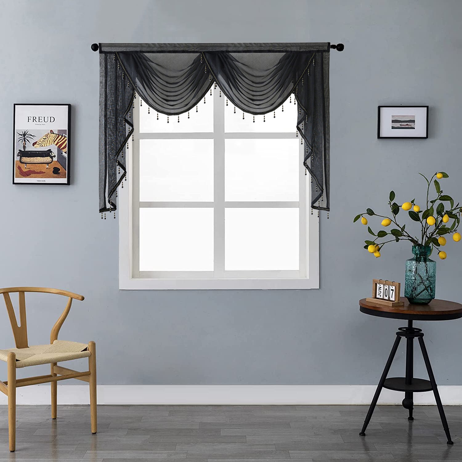 Annapolis Elegant Sheer Valance Window Curtain - Black | Light Filtering Valance for Living Room, Bedroom & Kitchen Decor