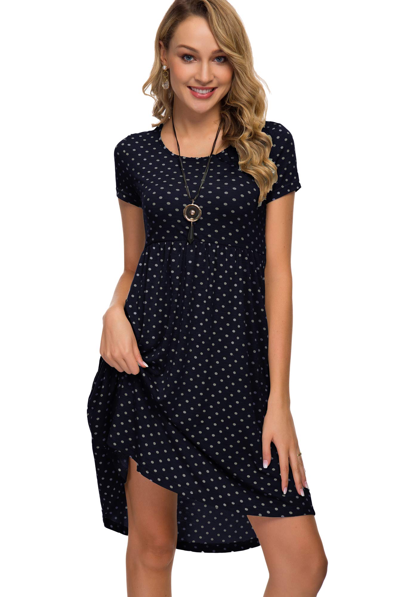 Women's Short Sleeve Flare Midi Dress - Summer Loose Casual Swing Dress with Pockets - Polka Dot & Floral Print - Perfect for Beach, Vacation, and Everyday Wear