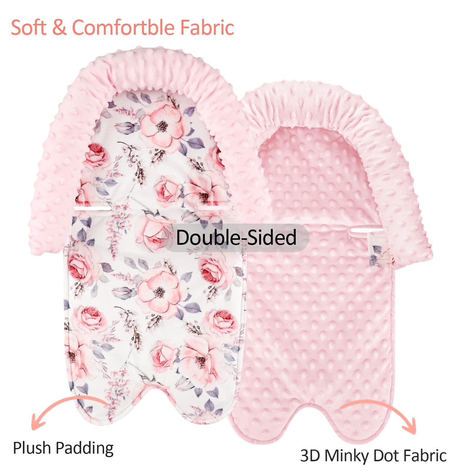 Baby Car Seat Head Support & Strap Cover - Soft Mink Infant Headrest for Newborn Girls - Breathable Car Seat Insert Cushion for Strollers (Pink Floral) - Perfect for Travel, Shopping & Daily Commutes