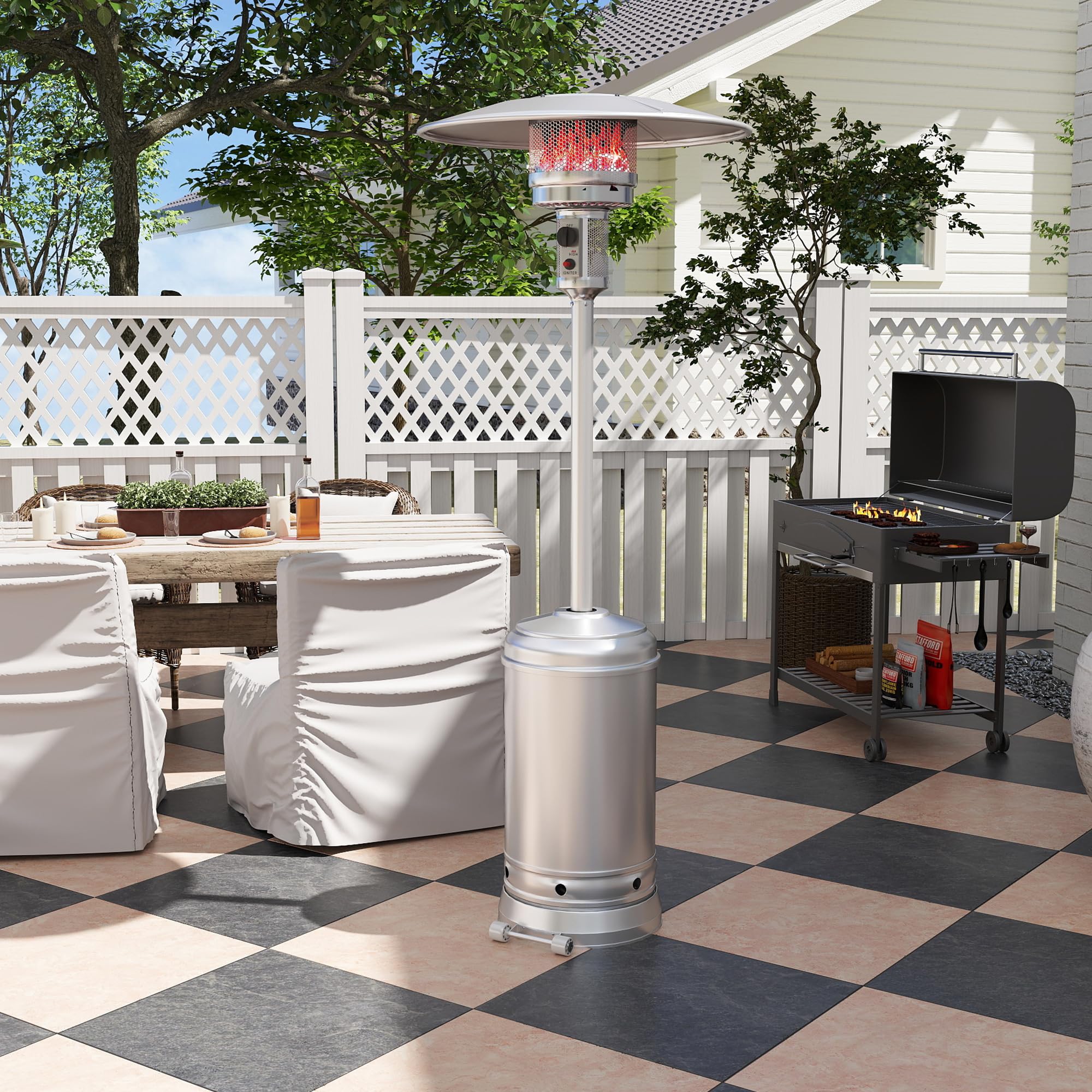 Stainless Steel Outdoor Patio Heater - 48,000 BTU LP Propane Standing Heater with Anti-Tilt Safety Switch for Garden, Wedding, Party & Backyard Use (Silver) - Perfect for Outdoor Dining, Poolside & Cold Weather Gatherings