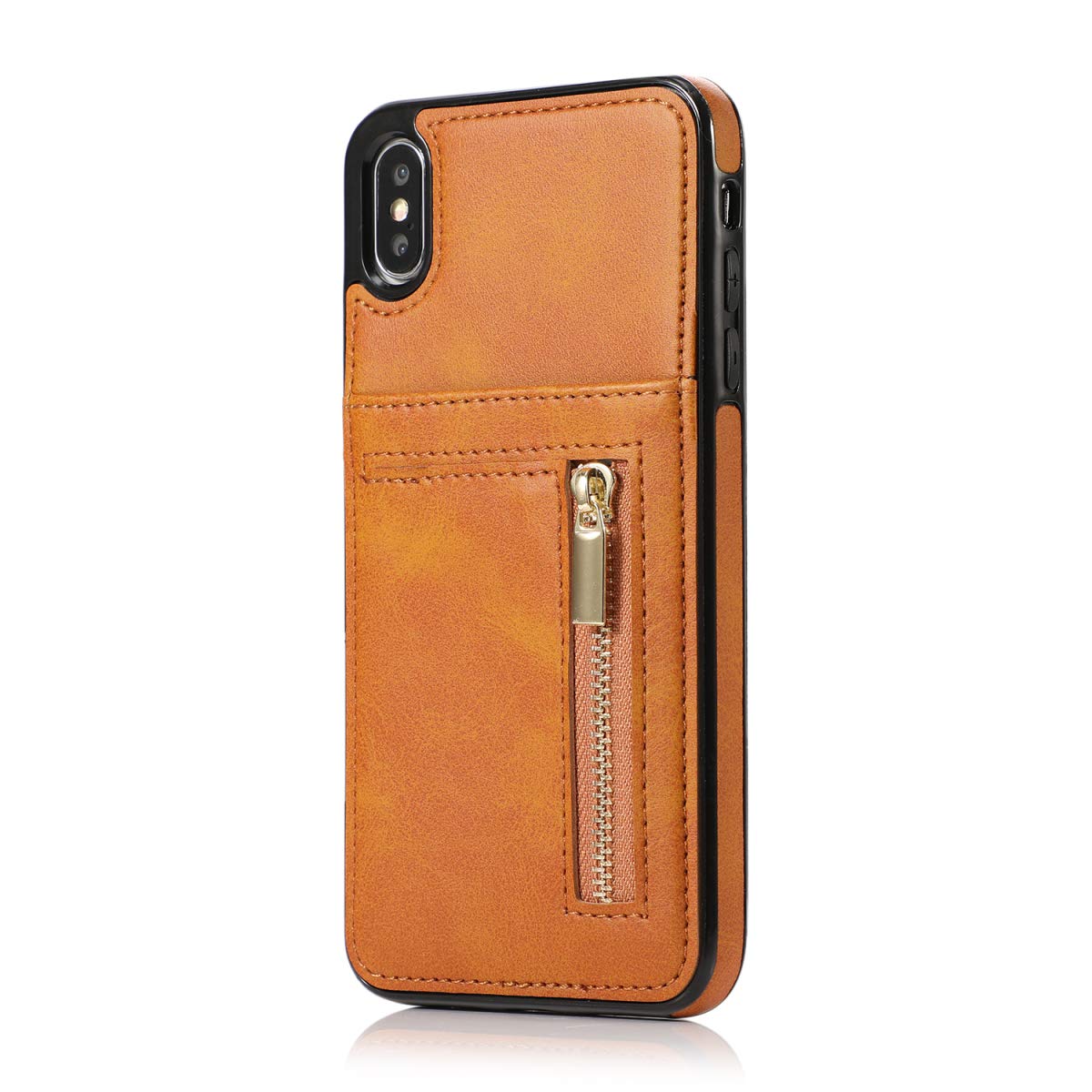 Premium Leather Wallet Case for iPhone XS Max - Slim Shockproof TPU Cover with Zipper, 6 Card Slots & Cash Pocket (Brown) | Perfect for Business, Travel & Everyday Protection
