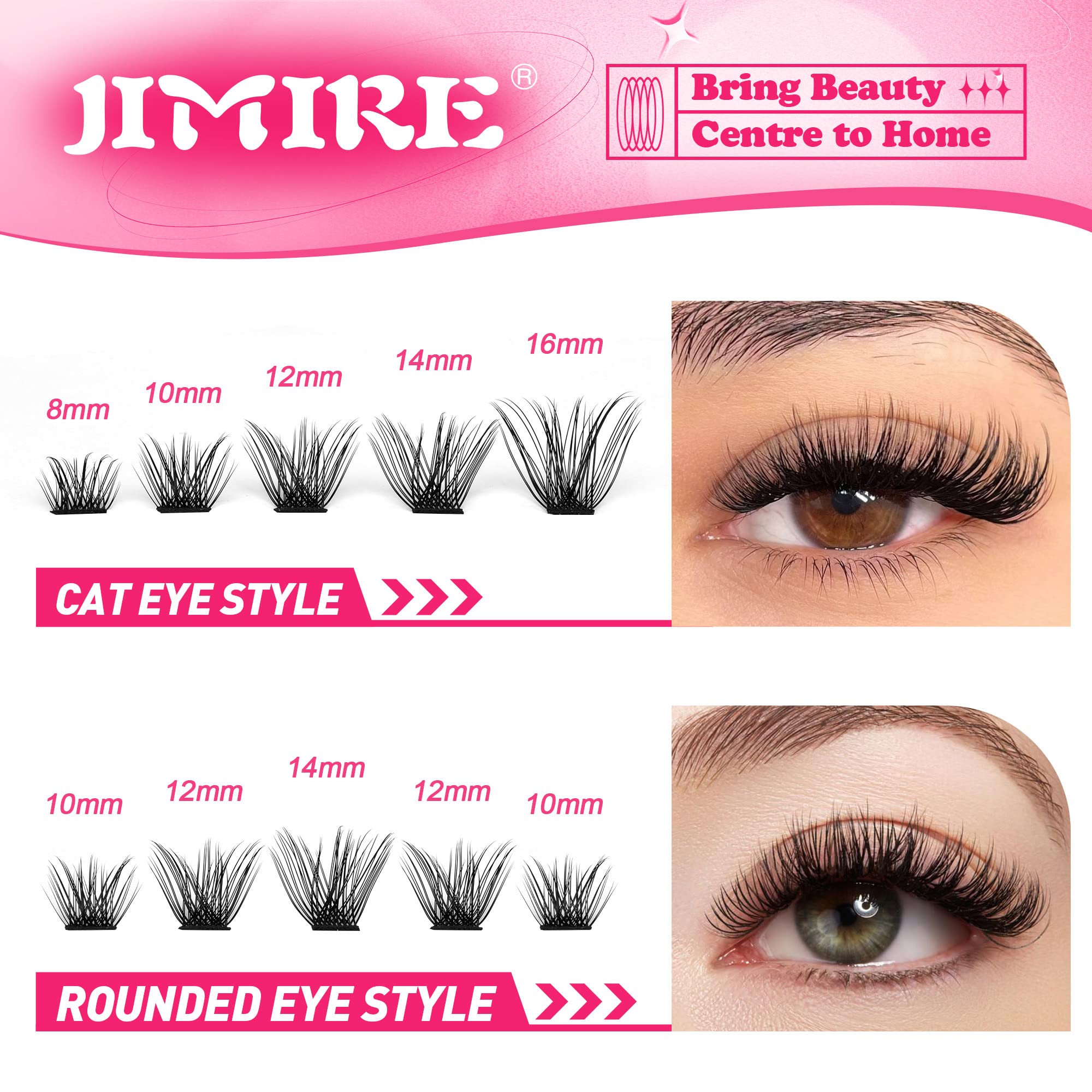 JIMIRE DIY Cluster Lashes - D Curl Individual Eyelash Extensions for Natural Look (8-16mm) | Wispy Russian Style Fluffy Eyelash Clusters | Perfect for Home Use, Parties & Special Occasions