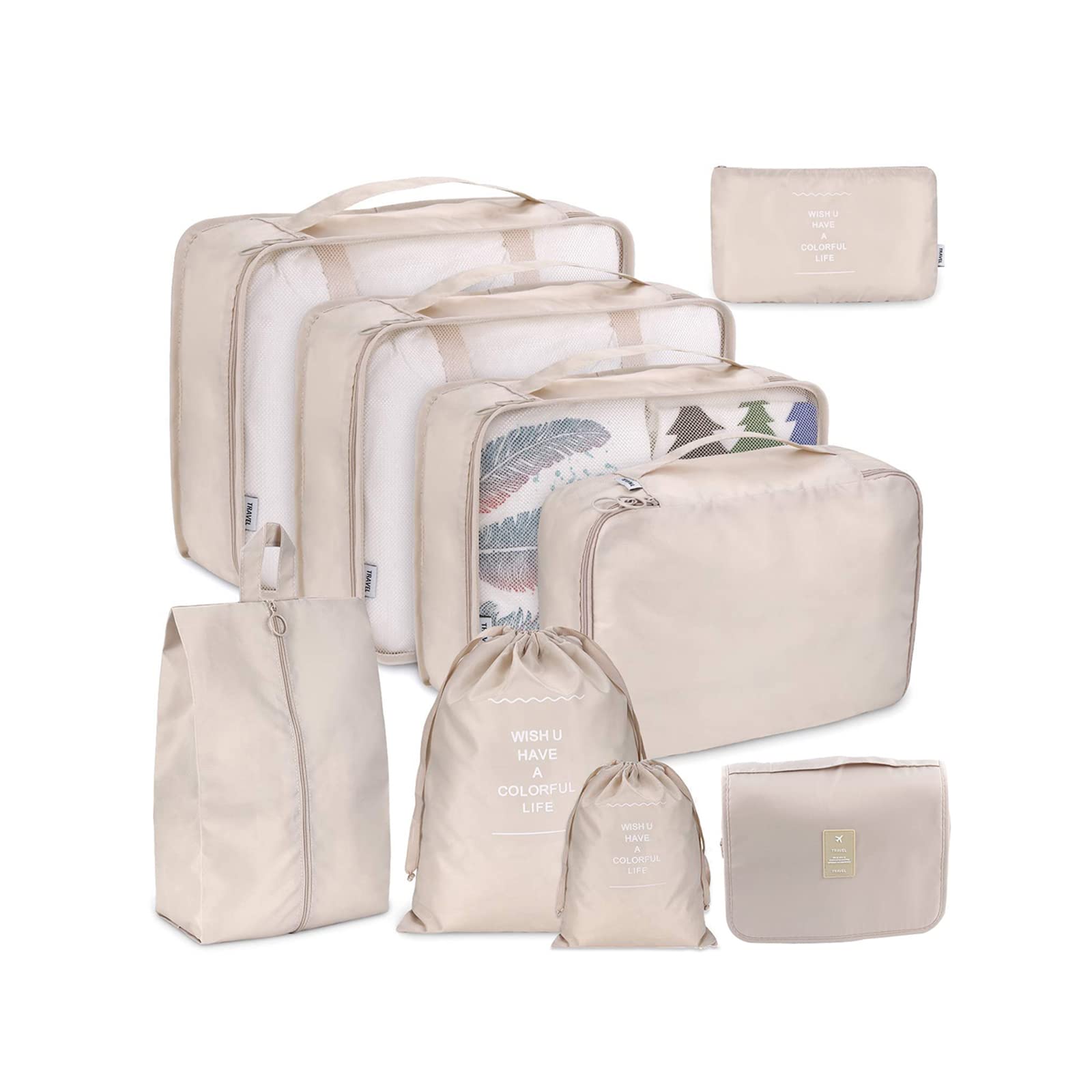 GuaziV 9-Piece Travel Packing Cubes Set - Lightweight Luggage Organizers with Hanging Toiletry Bag (Beige) | Perfect for Carry-On, Suitcase Organization & Business Trips