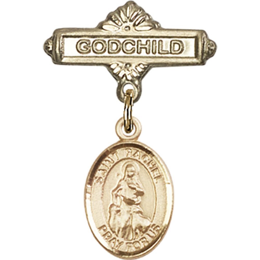 Gold Filled Baby Badge with St. Rachel Charm & Godchild Pin - 1 X 5/8 Inch Religious Jewelry - Perfect for Baptism, Christening & Baby Shower Gifts