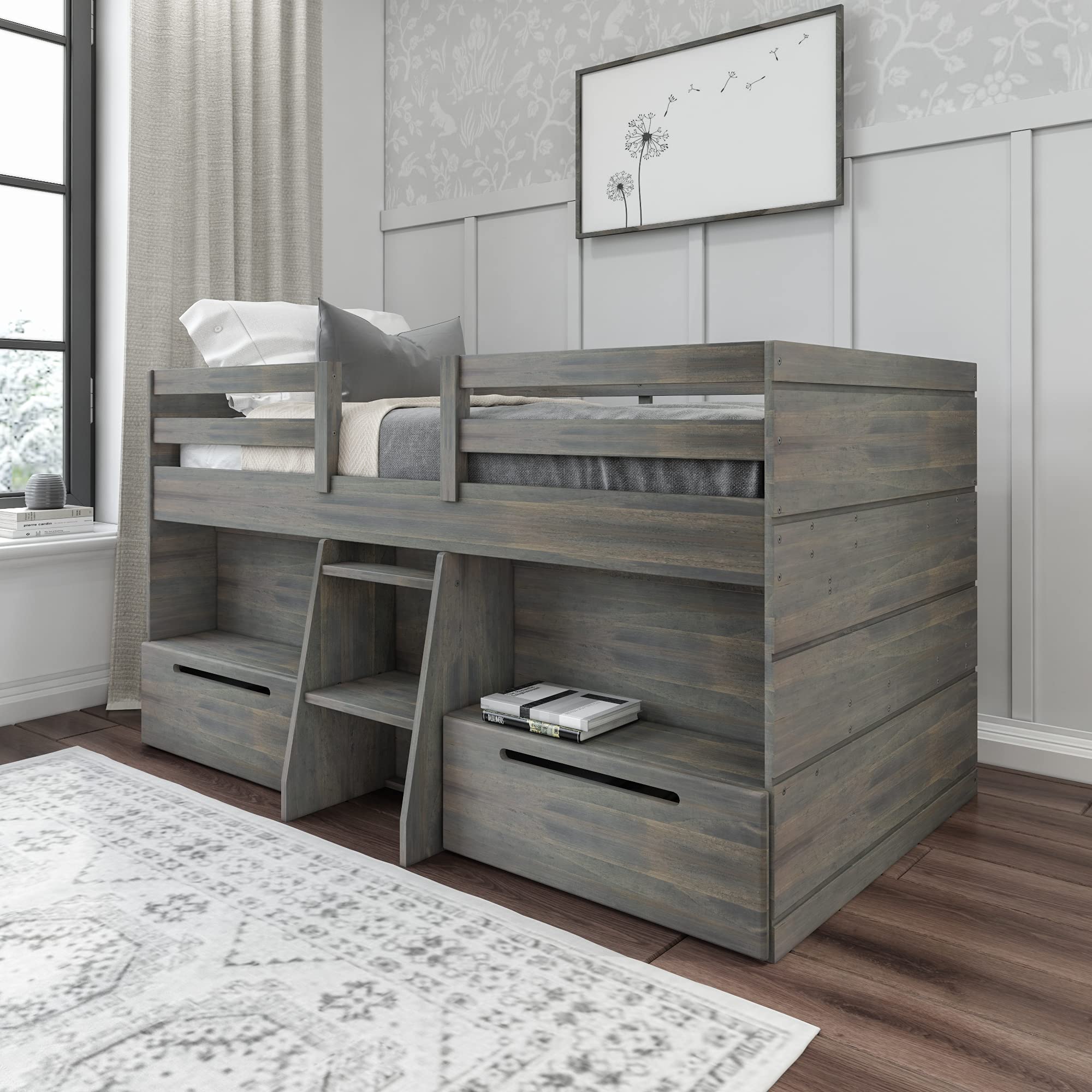 Modern Farmhouse Low Loft Bed with 2 Drawers - Twin Size, Solid Wood Frame in Driftwood Finish | Space-Saving Kids Bedroom Furniture for Small Rooms & Dorm Decor