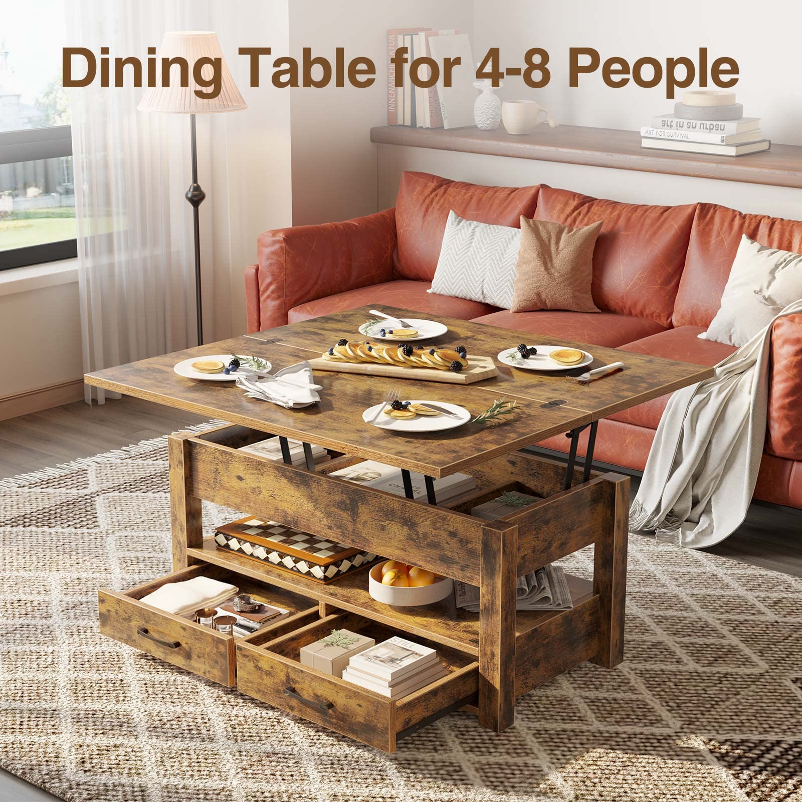 Rolanstar Lift Top Coffee Table with Drawers - Convertible Rustic Brown Coffee to Dining Table - Hidden Storage Compartment - Perfect for Living Room, Home Office & Small Spaces
