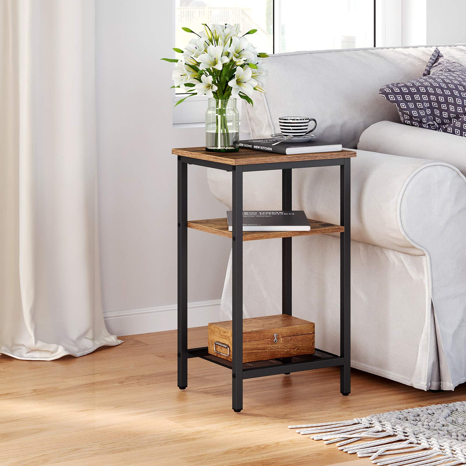VASAGLE 2-Pack 3-Tier End Tables with Steel Frame - Nightstands & Side Tables for Living Room & Bedroom - Easy Assembly Small Space Furniture in Chestnut Brown - Perfect for Apartment, Dorm, or Office Use