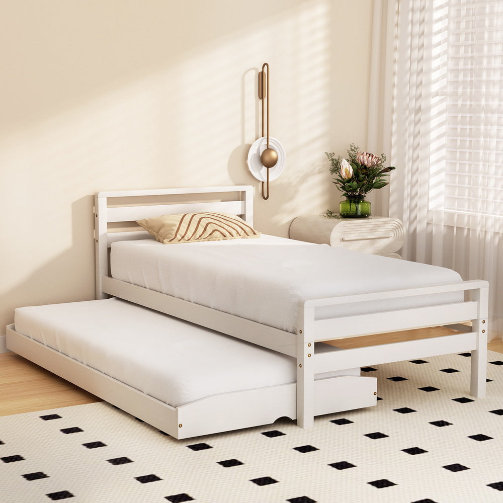 White Avis Wooden Trundle Single Bed Frame - Space-Saving Twin Size Guest Bed with Storage Drawer, Perfect for Kids Room, Guest Bedroom & Small Apartments