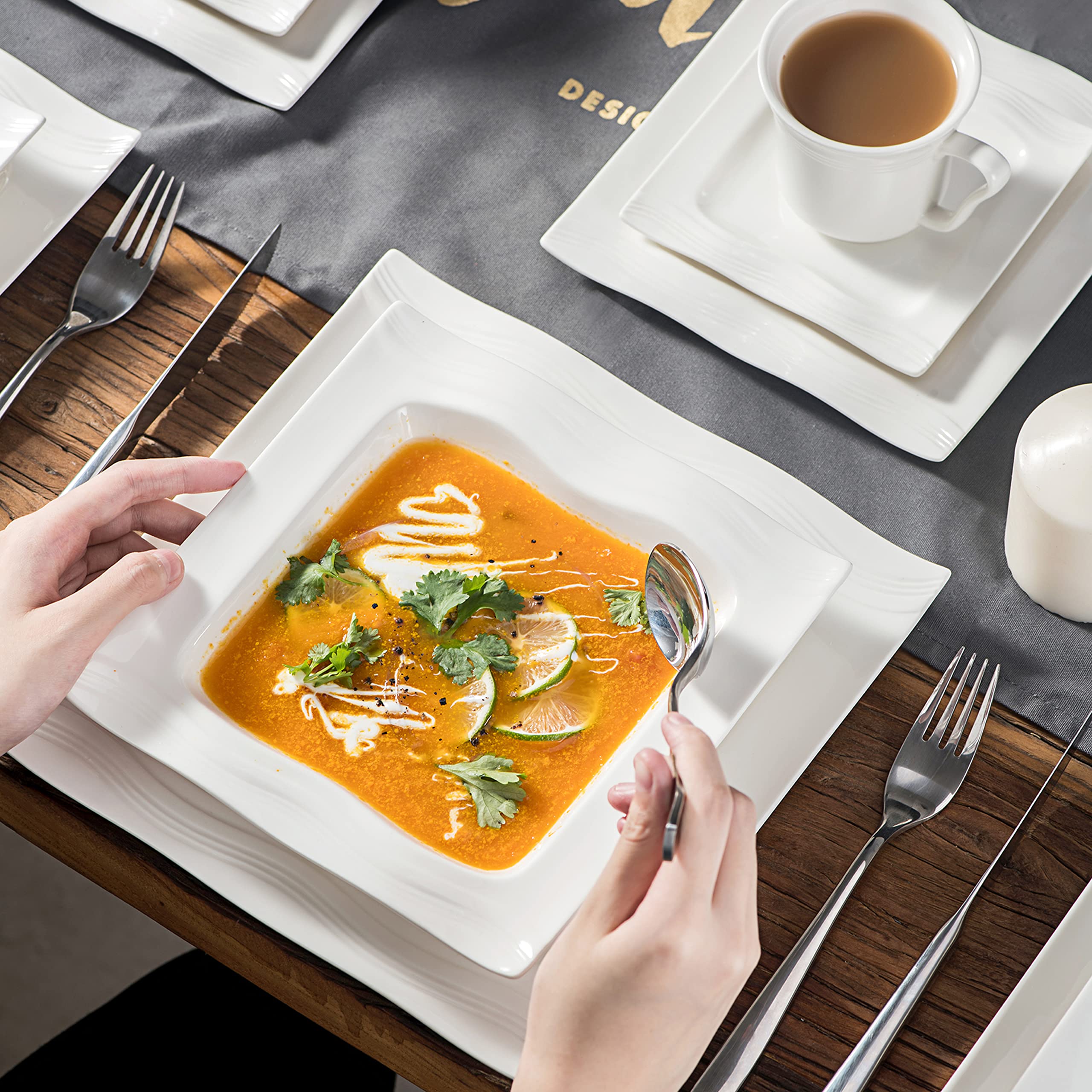 MALACASA 30-Piece Porcelain Dinnerware Set for 6 - Modern Ivory White Square Plates & Bowls Set Includes Dinner Plate, Dessert Plate, Soup Bowl, Cup & Saucer - Elegant Dishware for Dining, Restaurants, and Home Entertaining