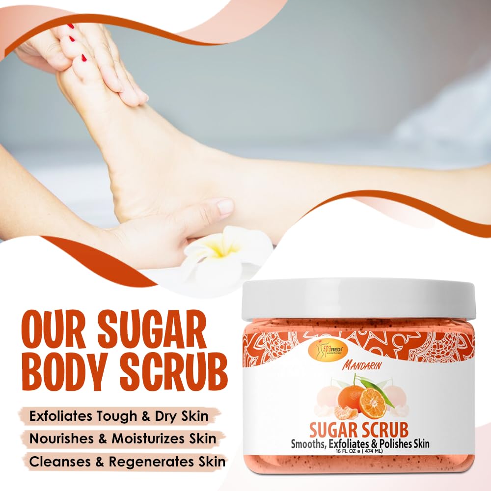 SPA REDI - Mandarin Sugar Body Scrub 16 Oz - Exfoliating & Moisturizing Body Polish for Smooth, Glowing Skin - Hydrating & Nourishing Skin Care - Perfect for Spa Day, Self Care & Dry Skin Treatment