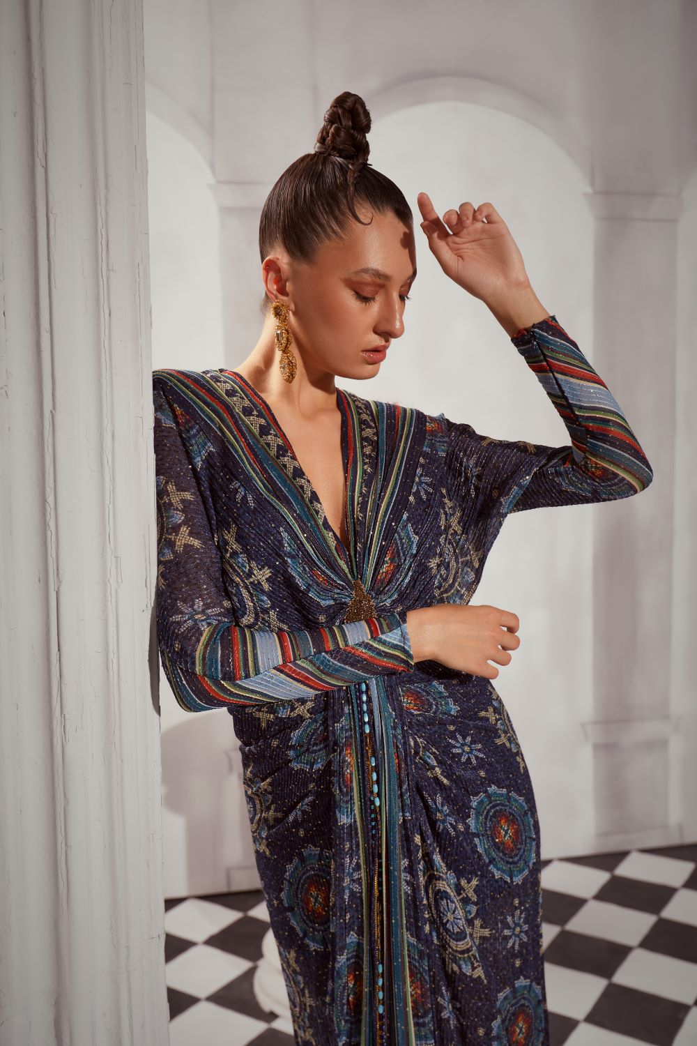 Elegant Blue Mosaic Print Draped Maxi Dress for Women - Boho Chic Summer Beach Dress for Vacations & Parties