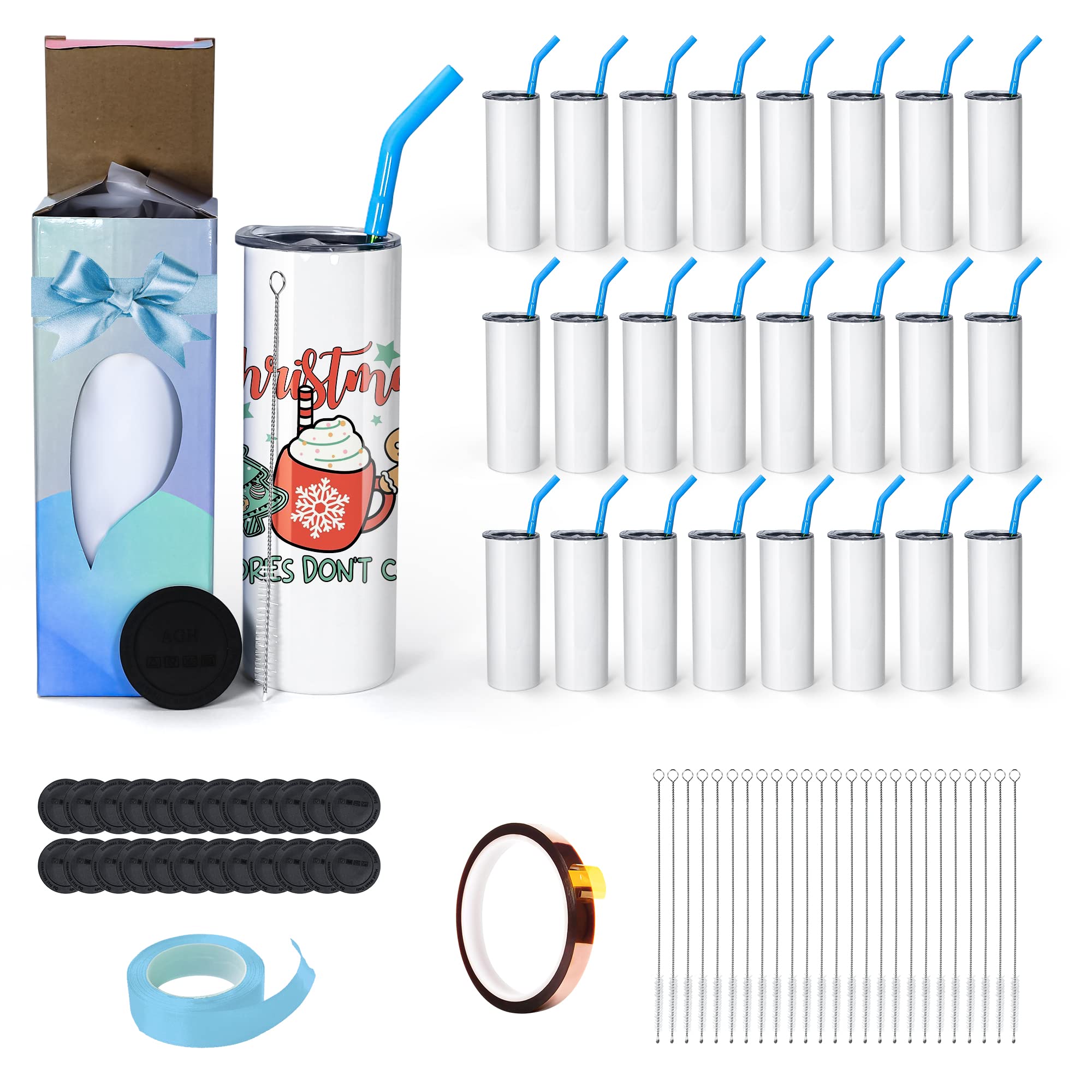 AGH 25 Pack 20oz Sublimation Tumblers - Skinny Straight Insulated Vacuum Stainless Steel Travel Cups with Splash-proof Lid (Bulk Blank Tumblers) | Perfect for DIY Crafts, Custom Gifts, and On-the-Go Hydration | Ships from USA