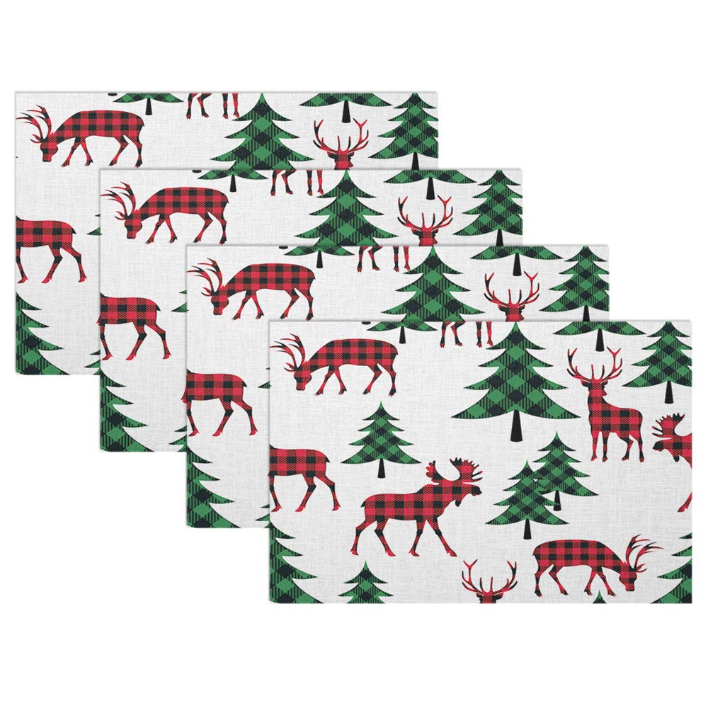 Swono Buffalo Plaid Woodland Placemat Set of 4 - Christmas Deer and Tree Design Table Mats for Dining & Kitchen Decor (12