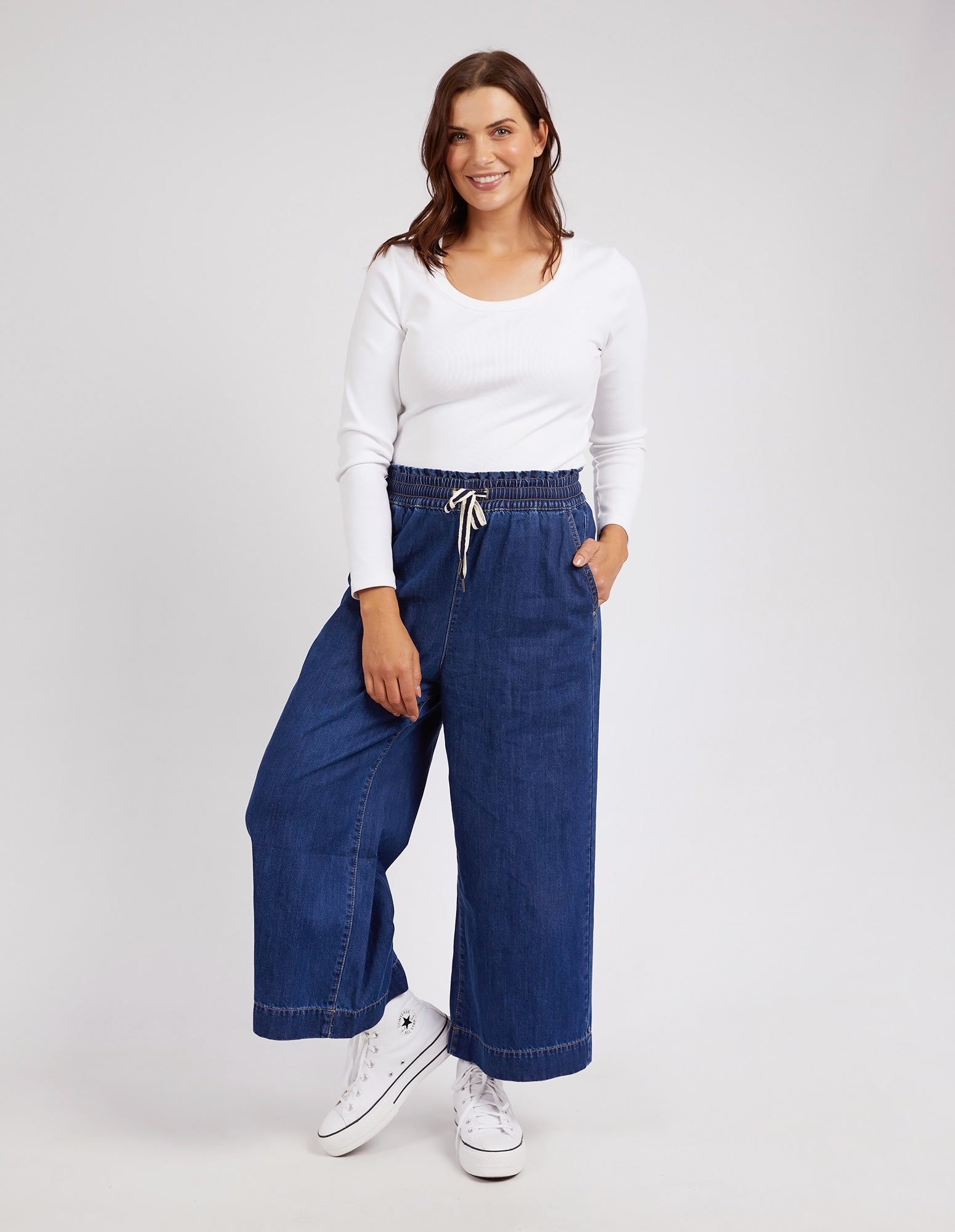 Elm Greta High Waist Wide Leg Pants for Women - Dark Blue Casual Trousers | Comfortable & Stylish for Office, Travel & Everyday Wear