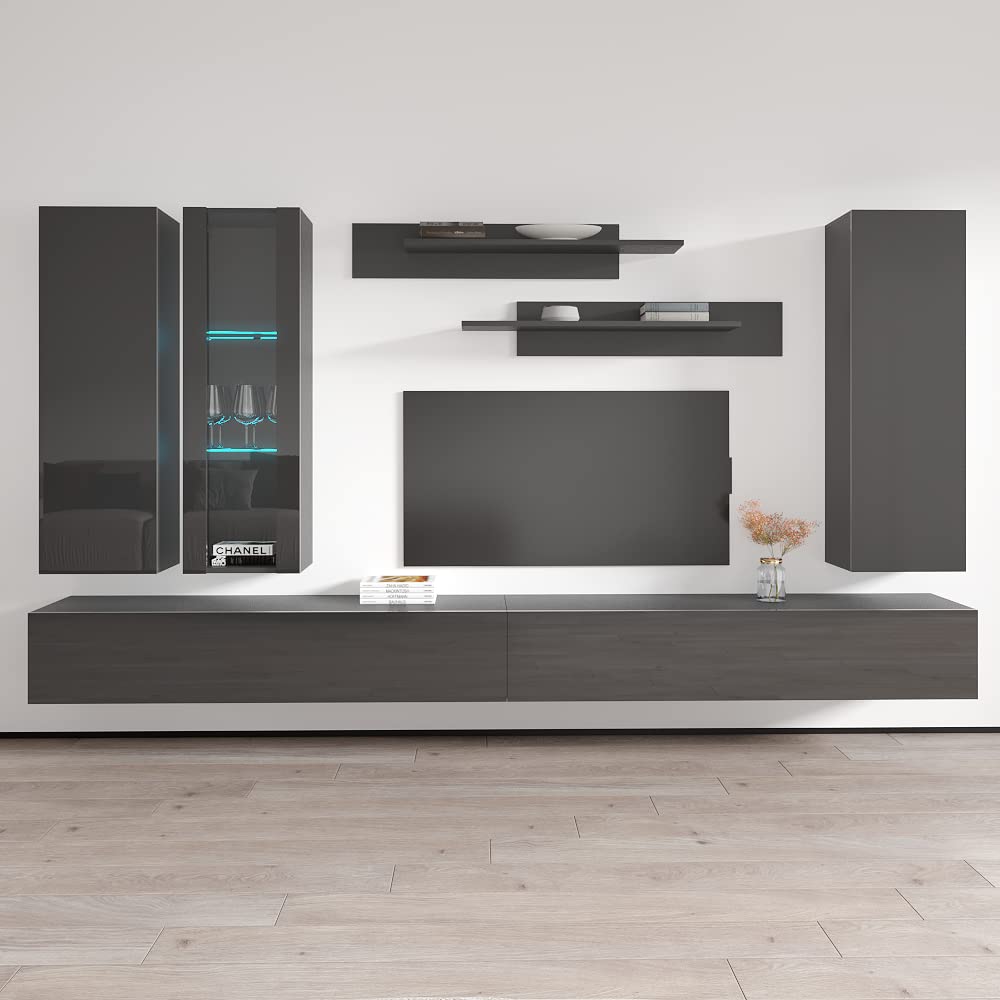 Modern Wall-Mounted TV Stand with Storage Shelves & LED Lights - Fly E 30 Entertainment Center Console for Living Room & Bedroom - Space-Saving F4 Gray TV Cabinet - Perfect for Small Apartments, Home Theaters and Modern Decor