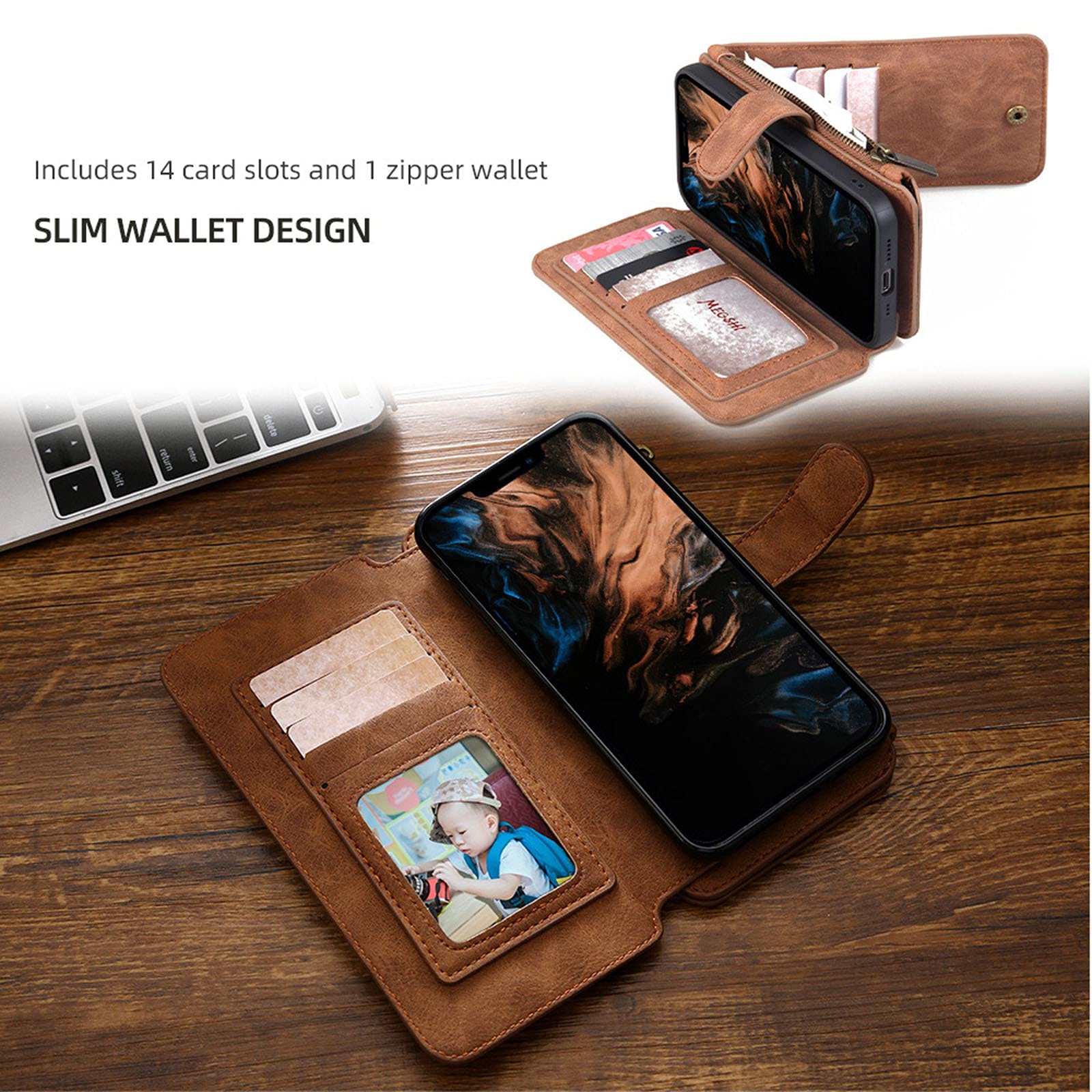 Premium iPhone 13 Mini/Pro/Pro Max Wallet Case - 2-in-1 Magnetic Phone Cover with 14 Card Slots & Zipper Wallet | Protective Holster for Everyday Use, Travel, and Business Meetings