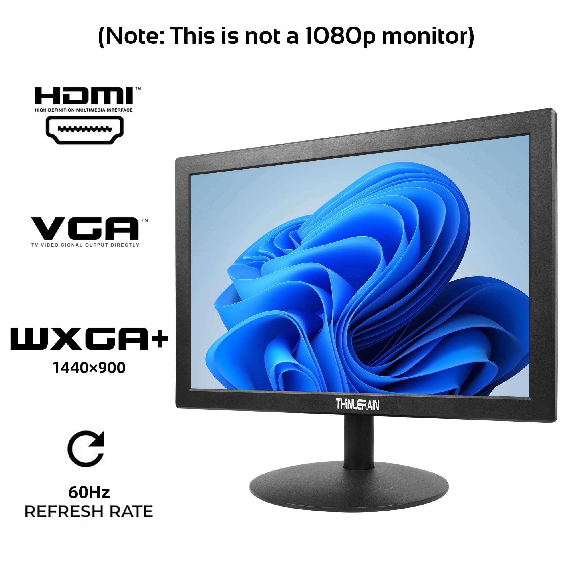 Thinlerain 15 Inch Small LED Monitor - 16:9 Aspect Ratio, 1440×900 Resolution, TN Panel, 60Hz Refresh Rate, 5ms Response Time, VGA & HDMI Ports, Built-in Speakers - Perfect for Home Office, Gaming, and Small Workspace Setups