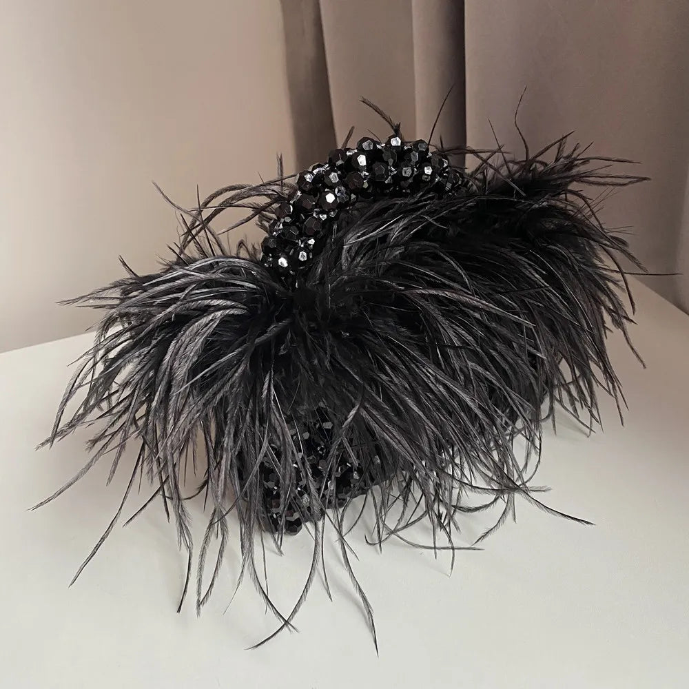 Handmade Designer Pearl Bead Bag with Feather Fur Trim - Elegant Acrylic Crystal Stone Evening Tote Clutch for Women | Perfect for Parties, Weddings & Special Occasions